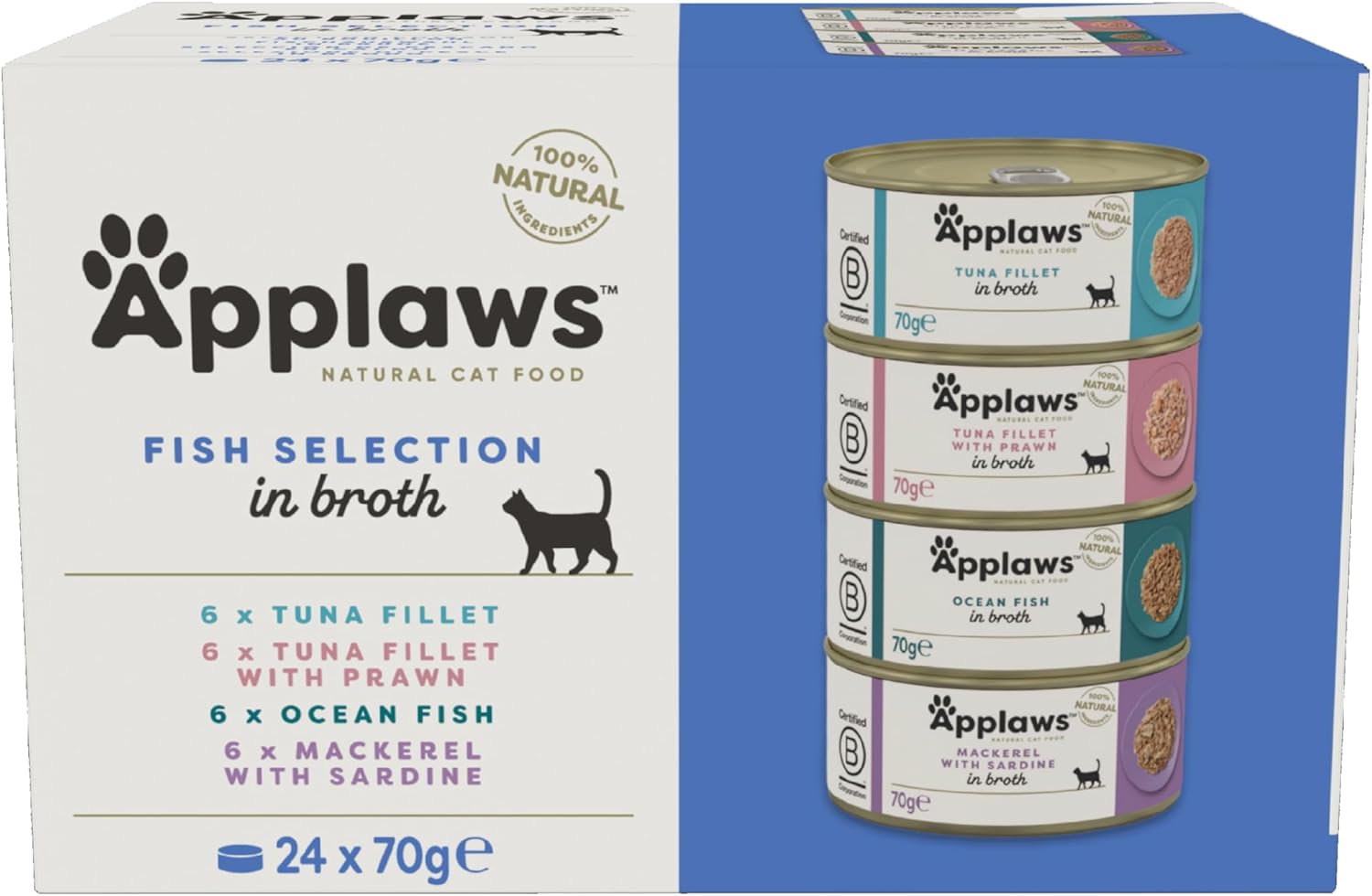 Applaws 100% Natural Thunfischfilet Nassfutter in Brühe für ausgewachsene Katzen - 24 x 70g Dosen
