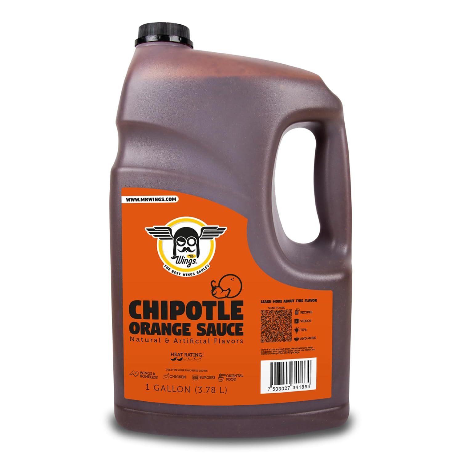 Mr. Wings Sweet Mango Mild Sauce 1 Gallon (128 Fl Oz). Sweet and spicy delight, perfect for boneless chicken, fries, drinks, and your favorite snacks. Large bulk sauce.