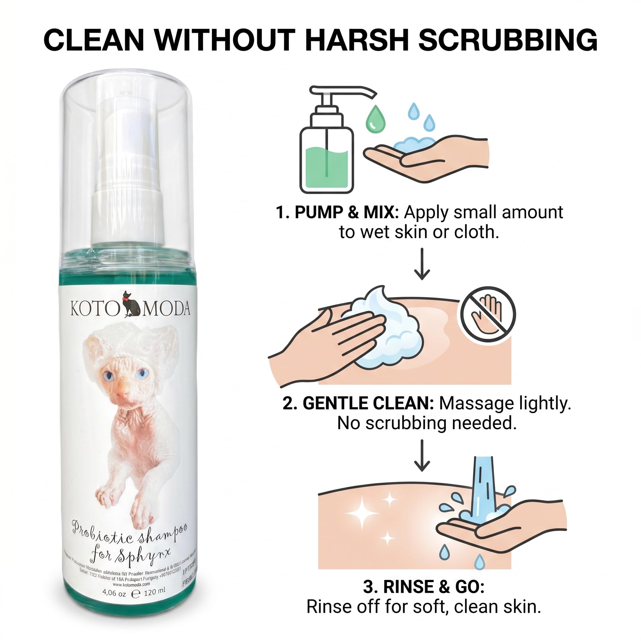 Probiotisches Shampoo für Sphynx-Katzen, sanfter parfümfreier Reiniger für haarlose und kurzhaarige Rassen, pH-balancierte Pflegeformel für empfindliche Haut, 120 ml / 4,06 FL oz