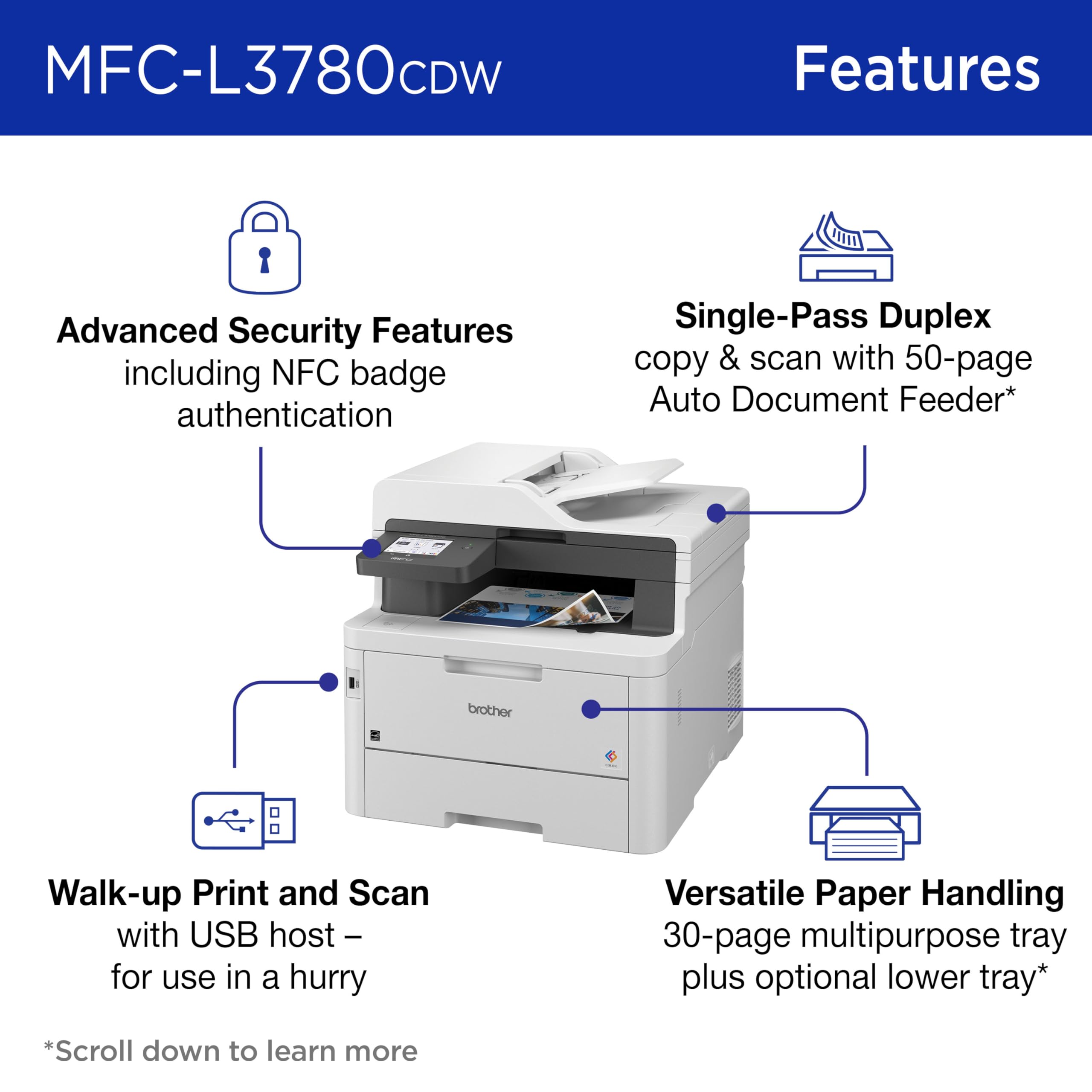 Brother MFC-L3780CDW Wireless Digital Color All-in-One Printer with Laser Quality Output, Single Pass Duplex Copy & Scan | Includes 2 Month Refresh Subscription Trial, Works with Alexa