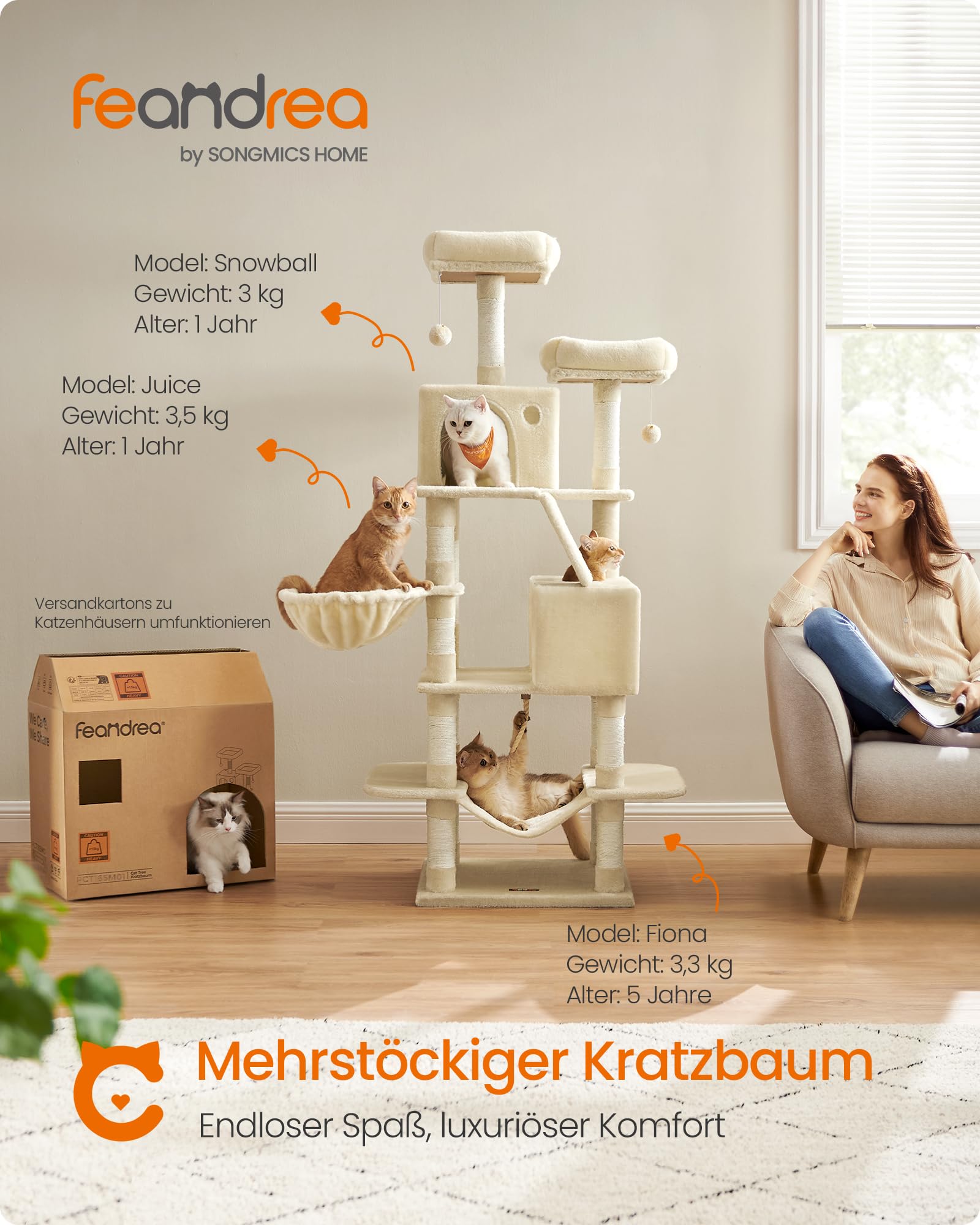 Feandrea Kratzbaum groß, 203,5 cm hoch, XXL Katzenbaum, mit 13 Kratzsäulen, 2 Plattformen, 2 Höhlen, Korb, Hängematte, Plüschbälle, mehrstöckiger Katzenkratzbaum, rauchgrau PCT190G01