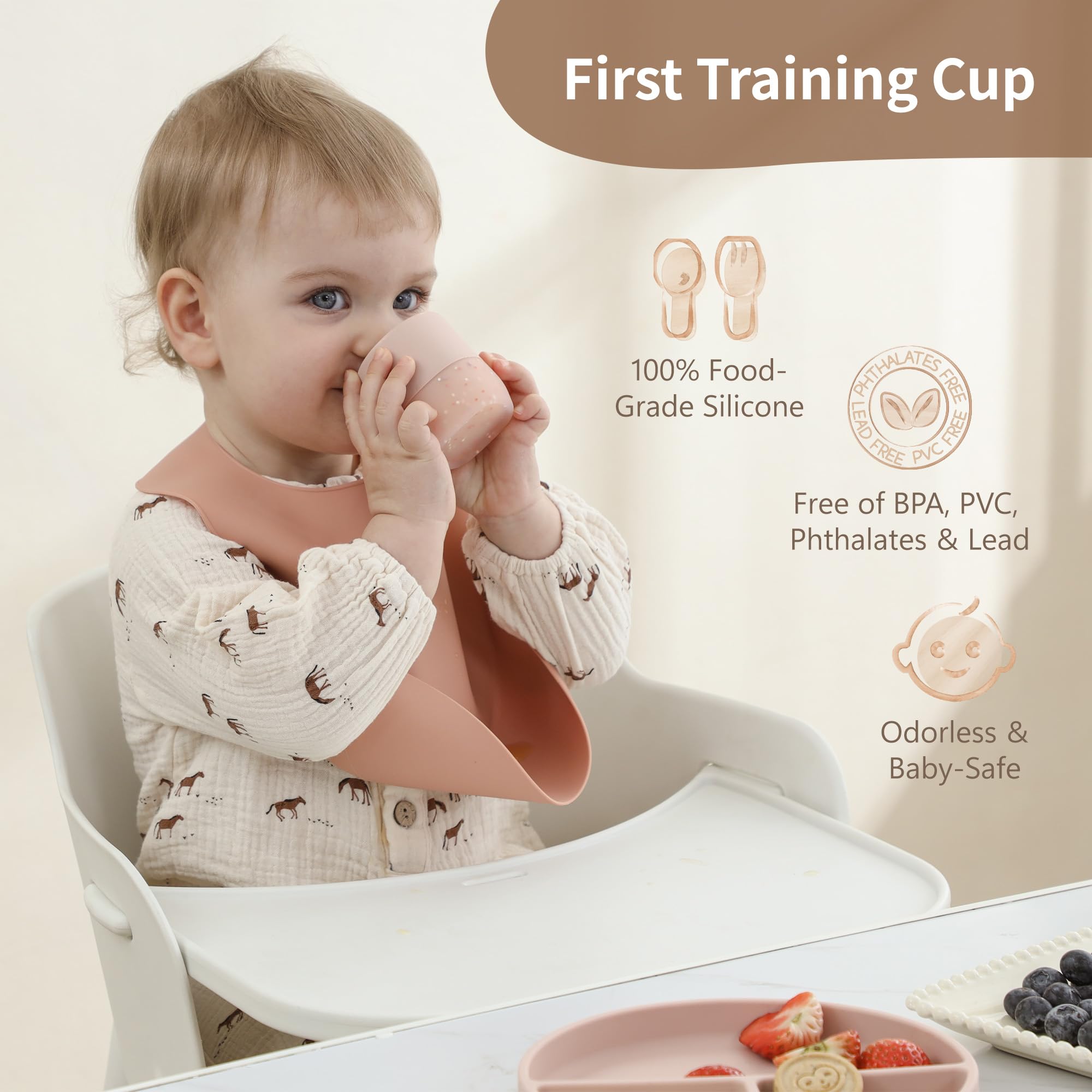Moonkie Trinklernbecher Baby Silikon | 2er-Pack Offener Lernbecher ab 4 Monate | BPA-frei | mit Messskala | 60ml Tiny Cup(Äther/Mint)