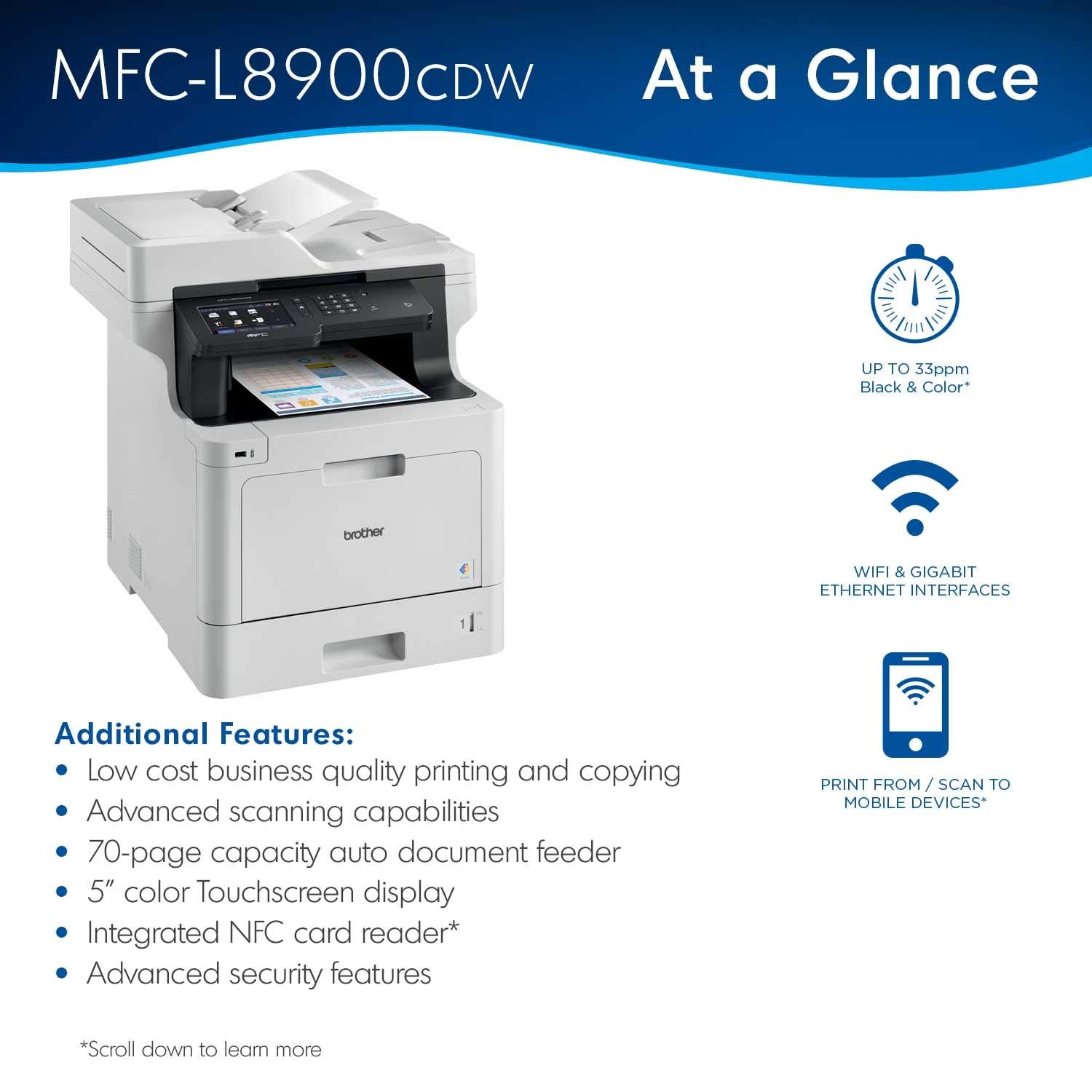 Brother MFC-L8930CDW Business Color Laser All-in-One Printer with Duplex Print, Scan, Copy, Low-Cost Printing, and Advanced Security Features