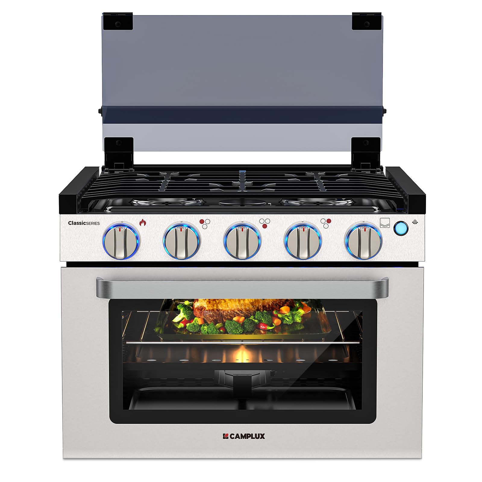 CAMPLUX Classic RV Stove Propane Range 21 Inches, Propane Oven with 3 Burners Cooktop for RV, RV Oven Stove Combo 28,100 BTU/Hr, Stainless Steel RGS21MSF
