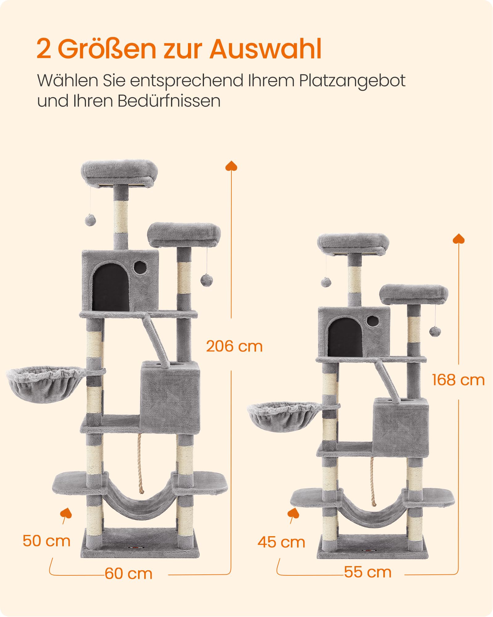 Feandrea Kratzbaum groß, 203,5 cm hoch, XXL Katzenbaum, mit 13 Kratzsäulen, 2 Plattformen, 2 Höhlen, Korb, Hängematte, Plüschbälle, mehrstöckiger Katzenkratzbaum, rauchgrau PCT190G01