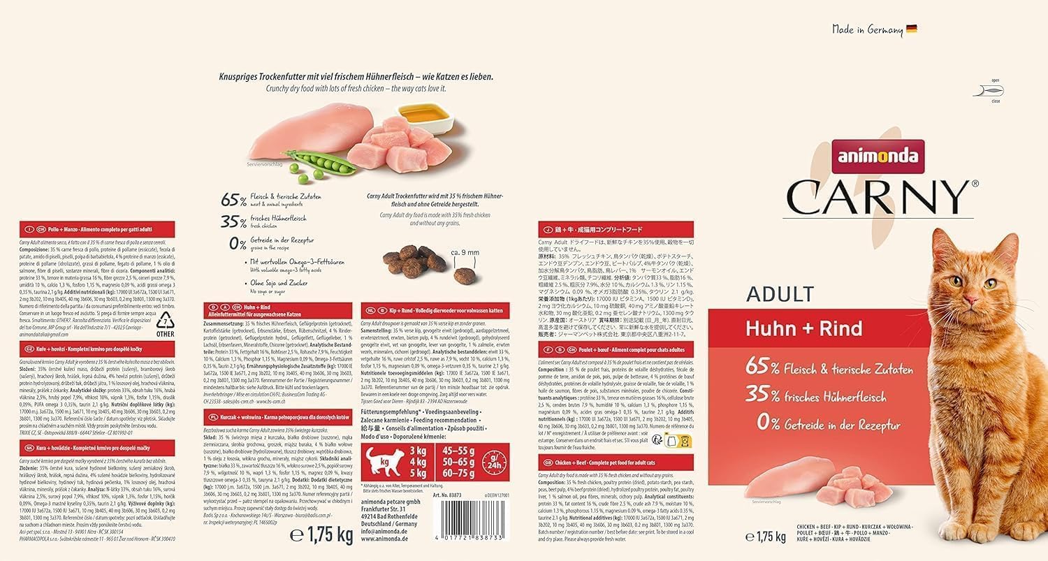 animonda Carny Katzen Trockenfutter Huhn und Rind (1 x 1,75 kg), Trockenfutter für ausgewachsene Katzen ohne Zucker und Getreide, mit frischem Hühnerfleisch und Rinderprotein