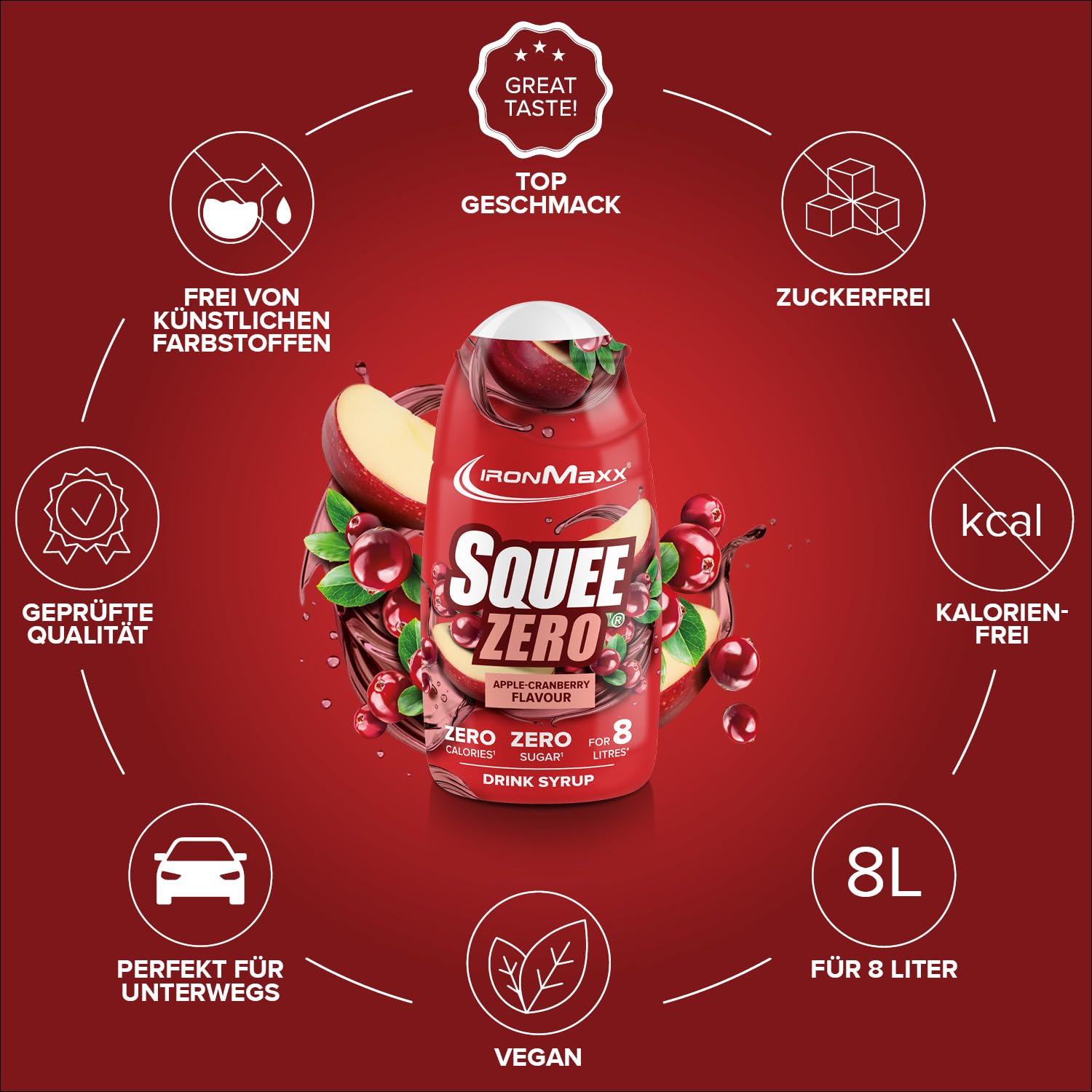 IronMaxx SqueeZero - Raspberry 65ml | Sirup, Erfrischendes Geschmackserlebnis für 8 Liter, Zuckerfrei und Kalorienfrei in 100ml verzehrfertigem Getränk