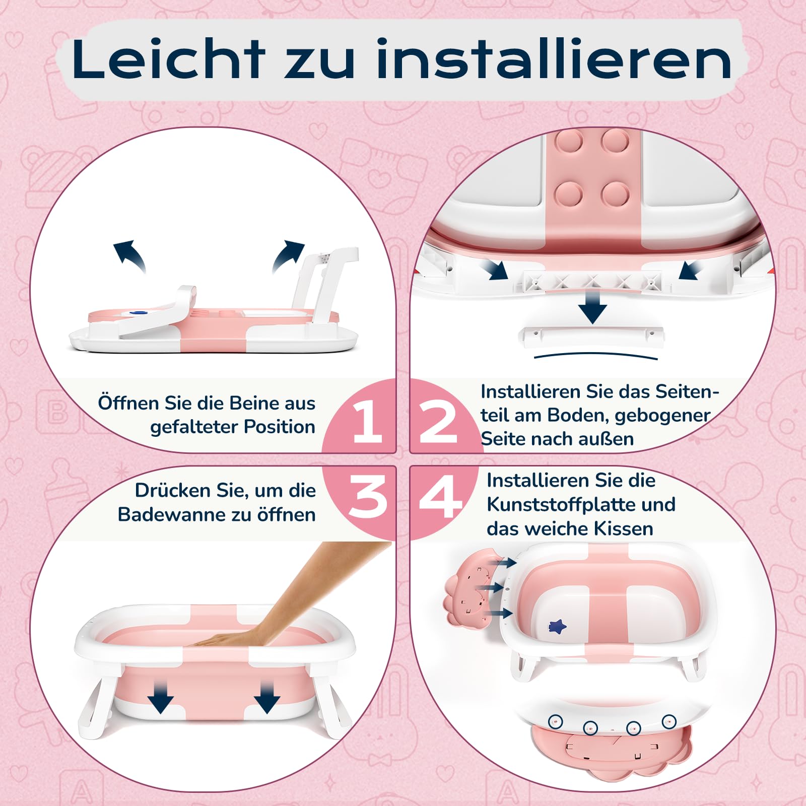 COOSEYA Baby Badewanne für 0-18 Monate, Faltbare Babywanne mit Babybadewanne Stützkissen, Portable Baby Bathtub als Wesentliche Artikel für Neugeborene und Kleinkind, Dinosaurier - Design (Grau)