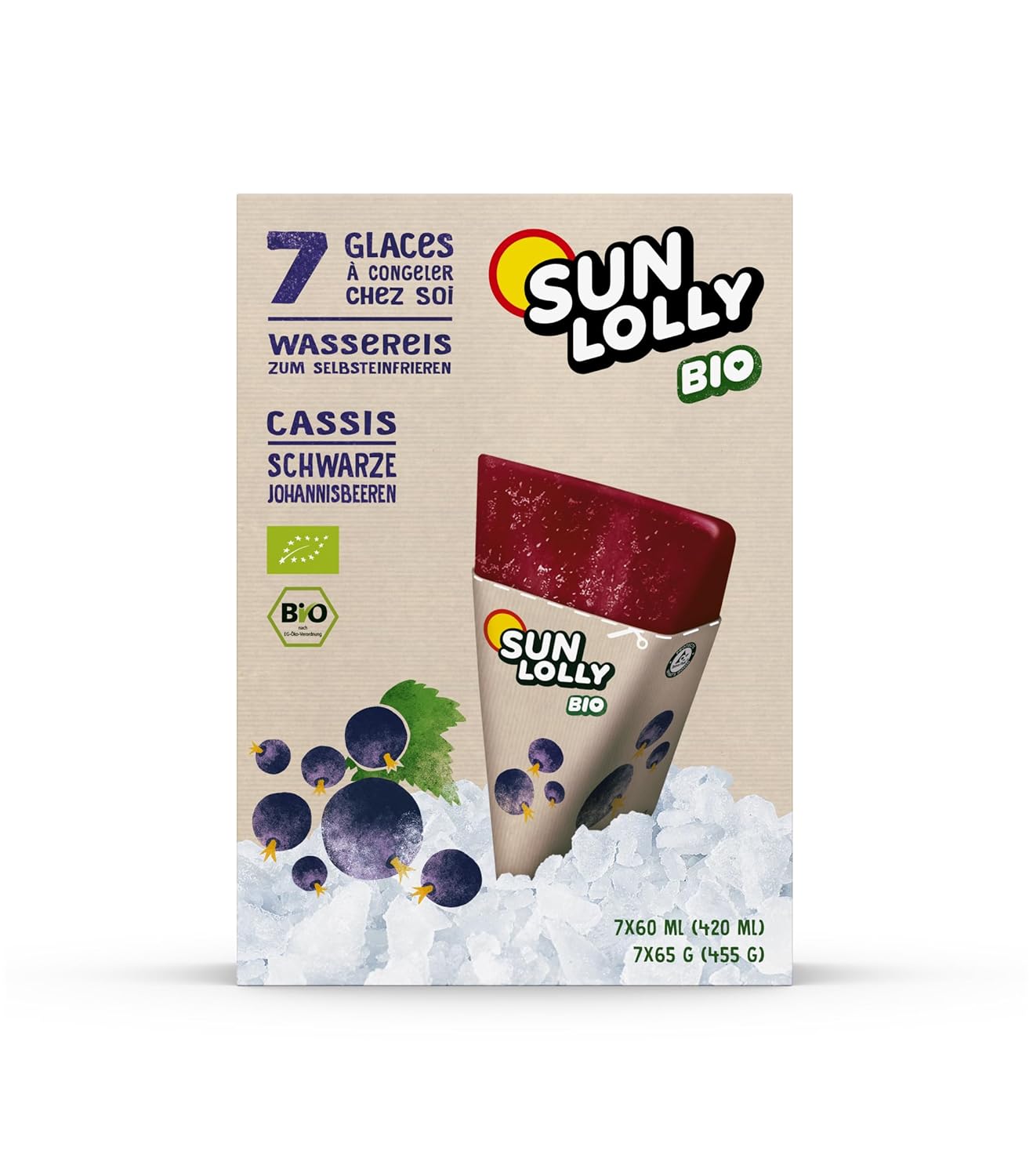 Sun Lolly Bio Wassereis Schwarze Johannisbeere 12er Vorratspack | Mit Fruchtsaft | Zum Selbsteinfrieren | Ohne künstliche Aromen | Frei von Süßungsmittel | Vegan | 12 x 420ml