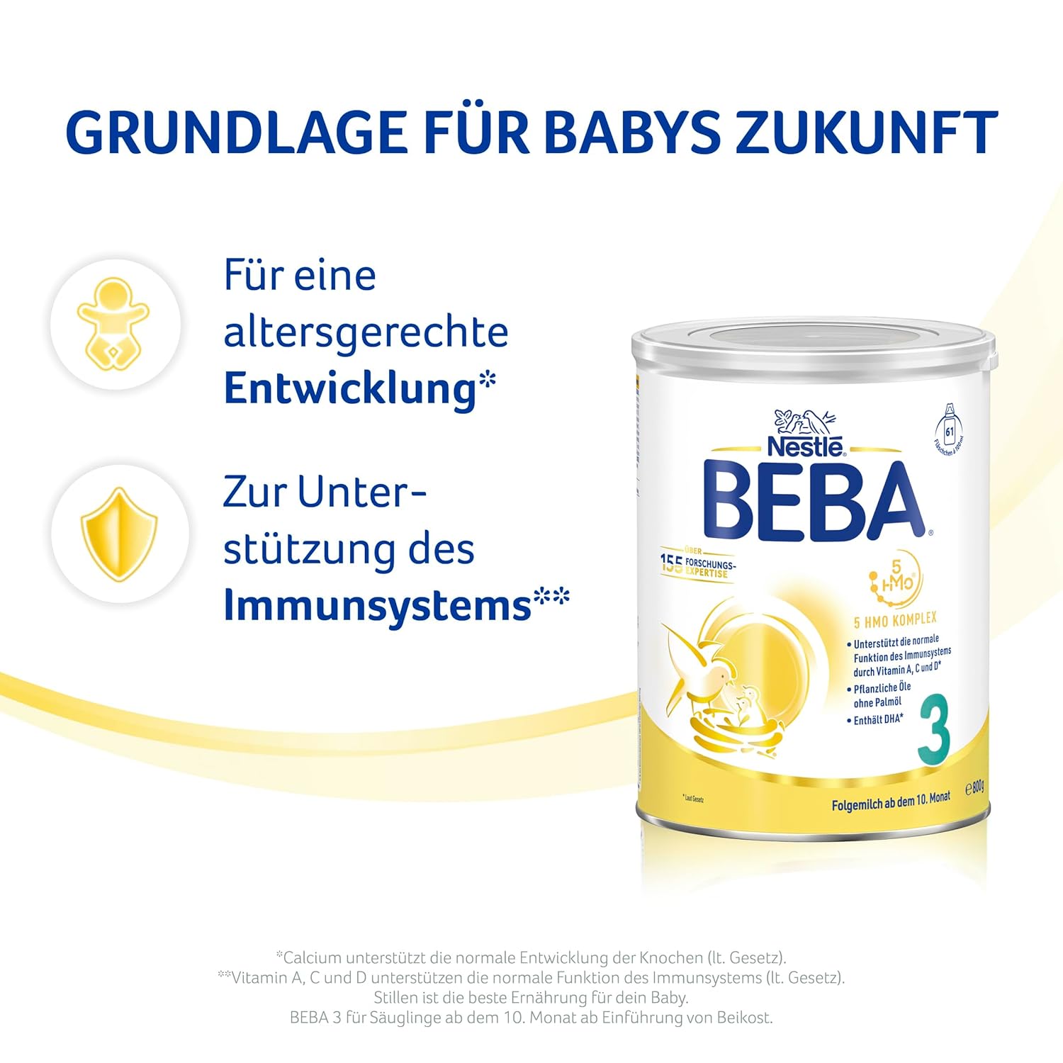 BEBA 3 - Folgemilch ab dem 10. Monat, Mit 5 HMO Komplex, Altersgerecht angepasster Proteingehalt, Nur Laktose, Ohne Palmöl, Ohne Fischöl, Babynahrung, Baby-Milchpulver, 3er Pack (3 x 800g)