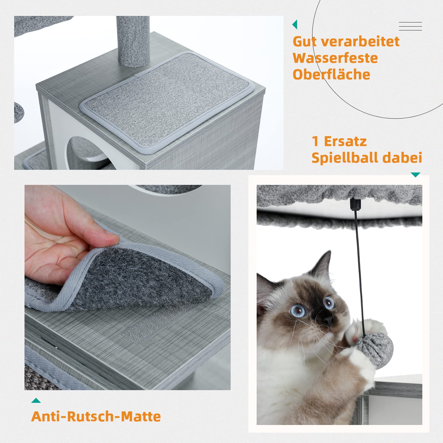 PETEPELA Katzenbaum Kratzbaum Kratzbäume Katzenmöbel mit Sisal-Seil Plüsch Liege höhlen Spielhaus Spielzeug für Katzen Grau
