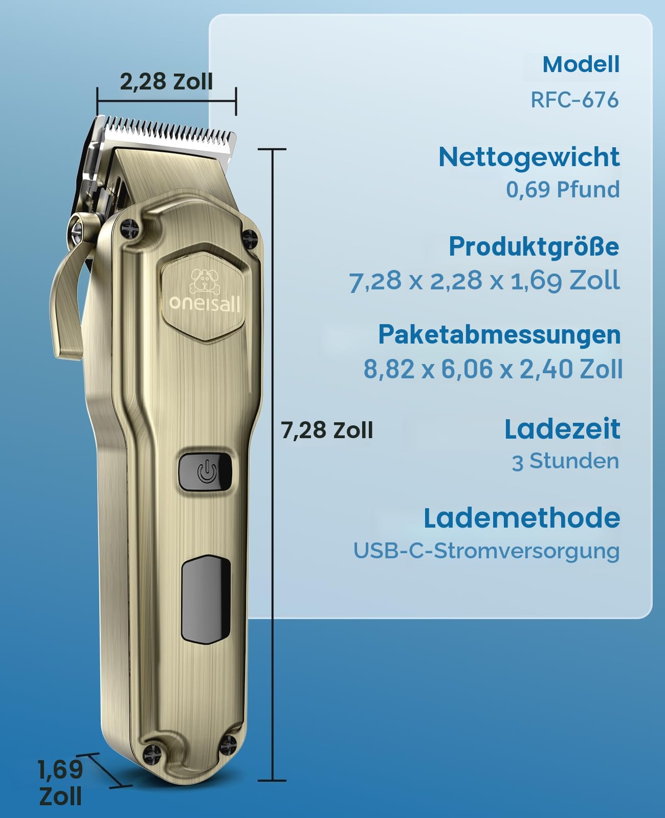 oneisall Hundeschermaschine für die Fellpflege für dickes, schweres Fell/geräuscharmer, wiederaufladbarer, kabelloser Haustierrasierer mit Edelstahlklinge/wasserdichter Hunderasierer für Hunde