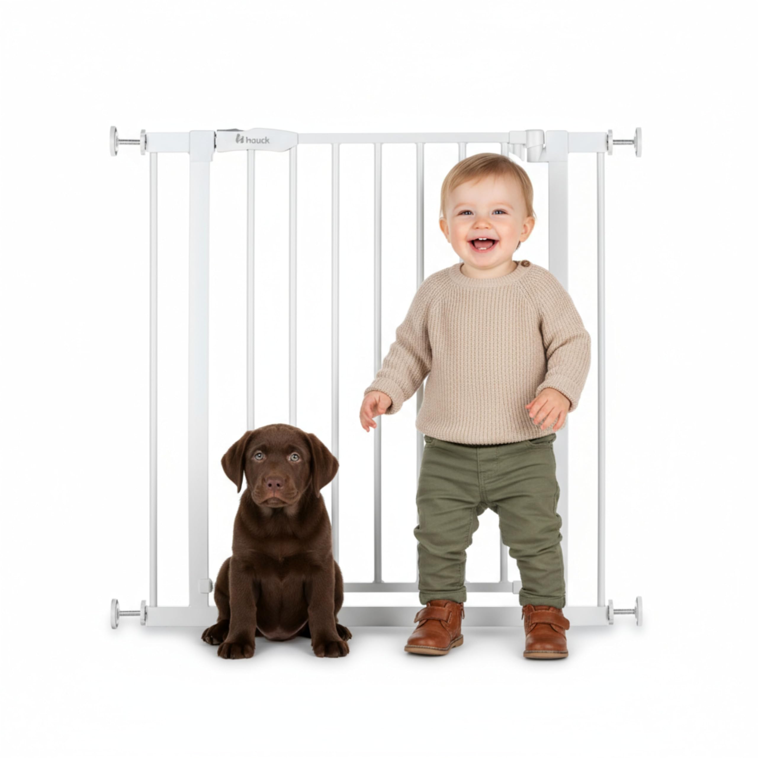hauck Open N Stop 2 + 21 cm Verlängerung, Weiß - Kinderschutzgitter Hundegitter, Verstellbare Breite 96-101 cm, 77 cm Hoch, Beidseitige Einhand Öffnung, ohne Bohren, für Innen