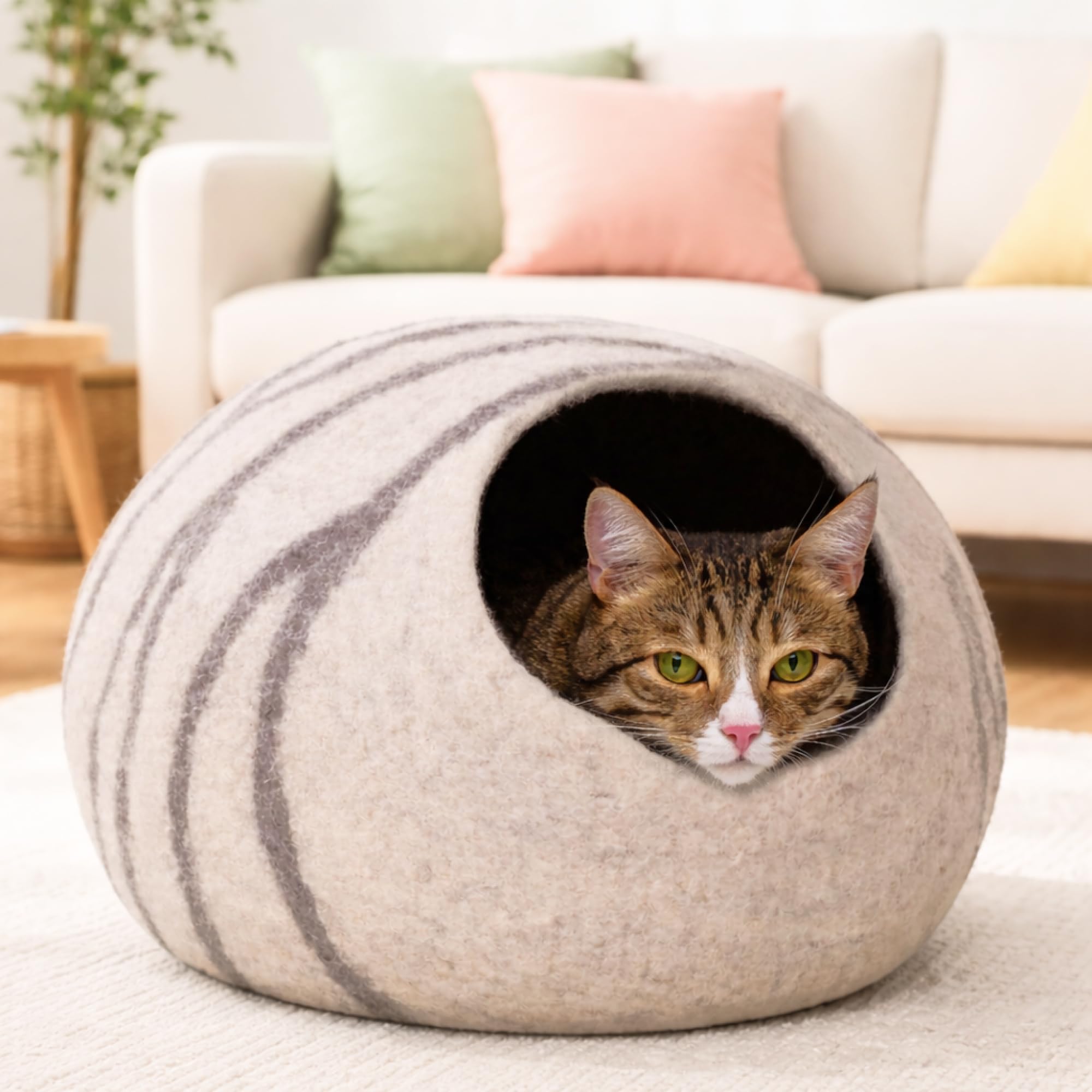 MEOWFIA Katzenbett aus Merinowolle – Handgefilztes, Umweltfreundliches Katzenbett für Katzen & Kätzchen – Weiches Schlafbett, Warm im Winter & Kühl im Sommer, Stilvolles Design