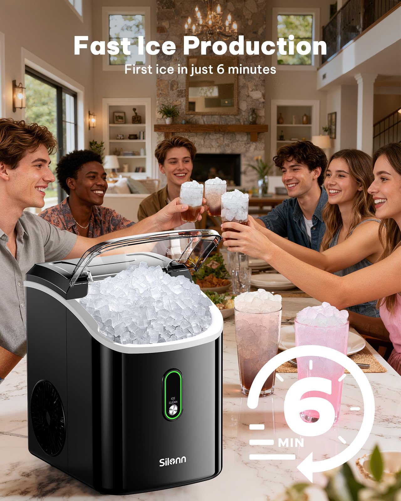 Nugget Ice Maker Countertop, Silonn Chewable Pellet Ice Machine with Self-Cleanin Function, 36lbs/24H Portable Ice Makers for Home Kitchen Officce, Black