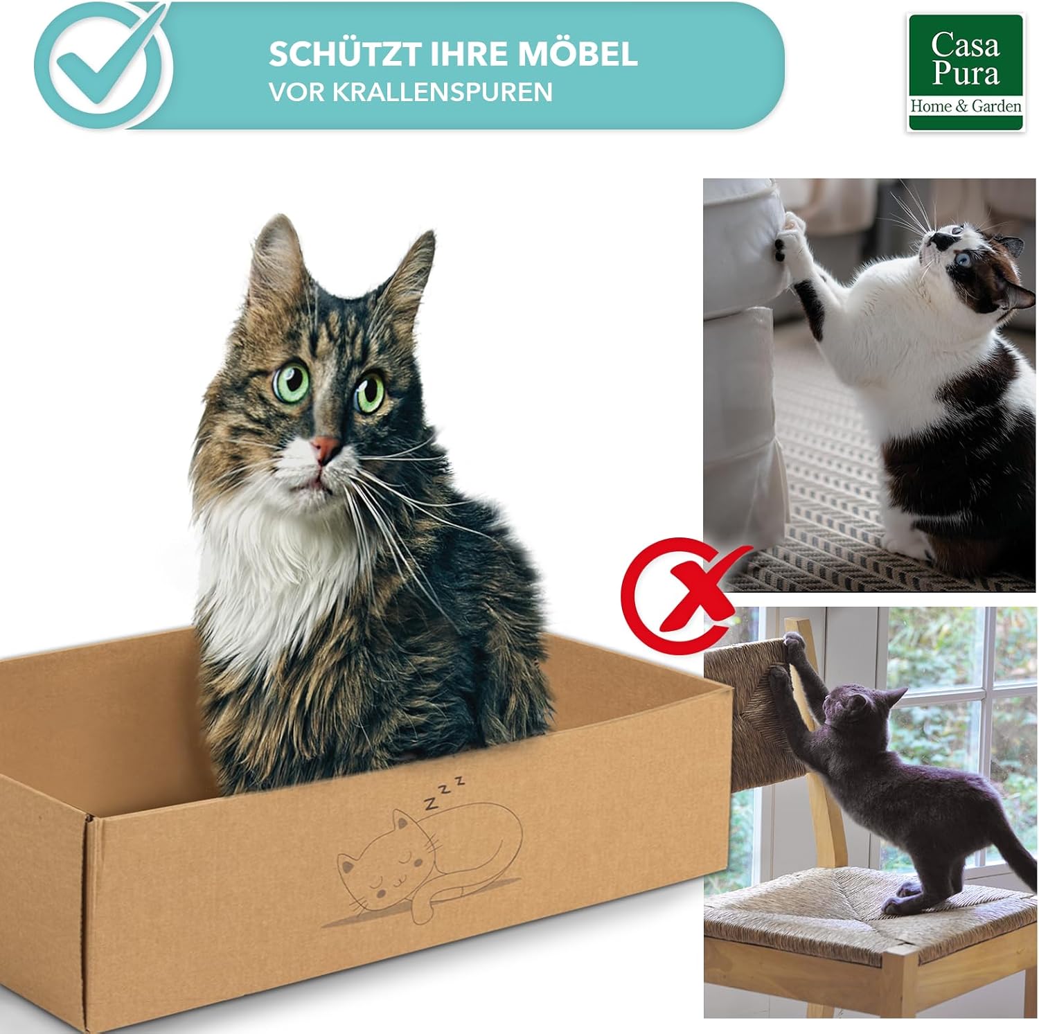 casa pura Katzenkratzbox Tiger mit 5 Kratzbrettern - 43,5 x 29,5 x 14 cm - Doppelseitige Kratzpappe für Katzen - Kratzbrett Katze zur Krallenpflege