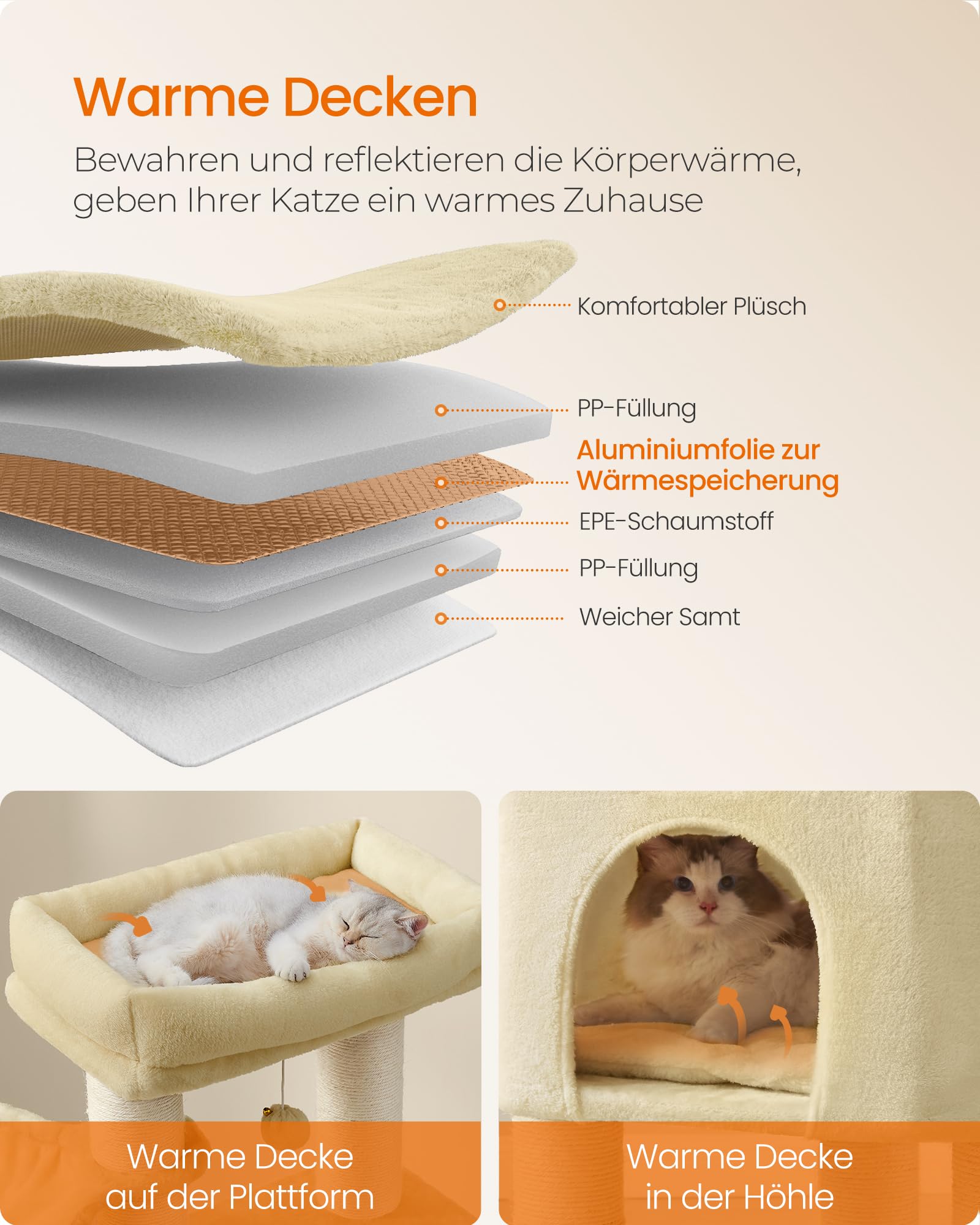 Feandrea Kratzbaum, mit warmen Decken, für große Katze, Katzenbaum, 2 Katzenbürsten, 11,1 cm d Dicke Stämme, große Plattformen, Höhle, 50 x 50 x 160 cm, Taubengrau-schwarz PCT003W01