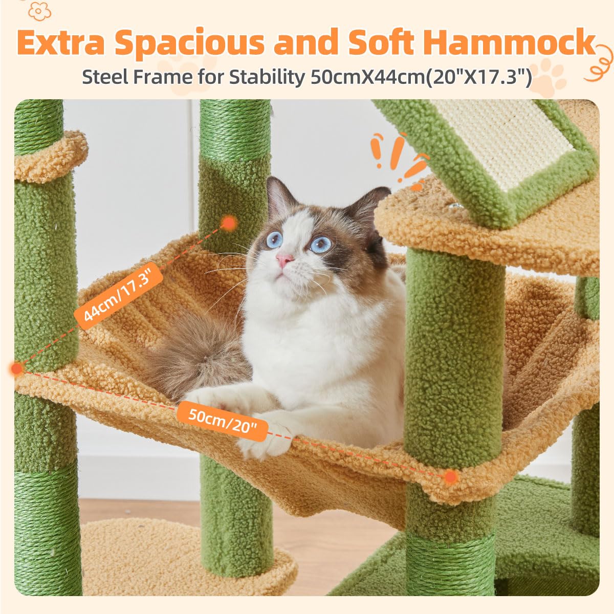 Taoqimiao 180CM Kratzbaum Groß, Katzenbaum Katzen Kratzbaum Grosse Katzen Stabil mit 2 Katzenhaus, Metallhängematte, Korb, 8 Kratzsäulen, Katzenkratztafel, MS026LM Beige