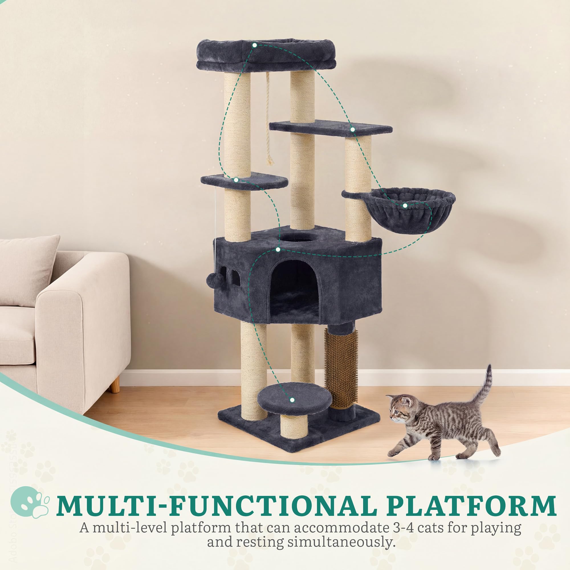 YITAHOME Kratzbaum, Katzenkratzbaum, für Große Katze, Katzenbaum, Katzenbürsten, 11 cm Dicke Stämme, Große Plattformen, Plüschkissen, Höhle, 50 x 50 x 157 cm, Beige