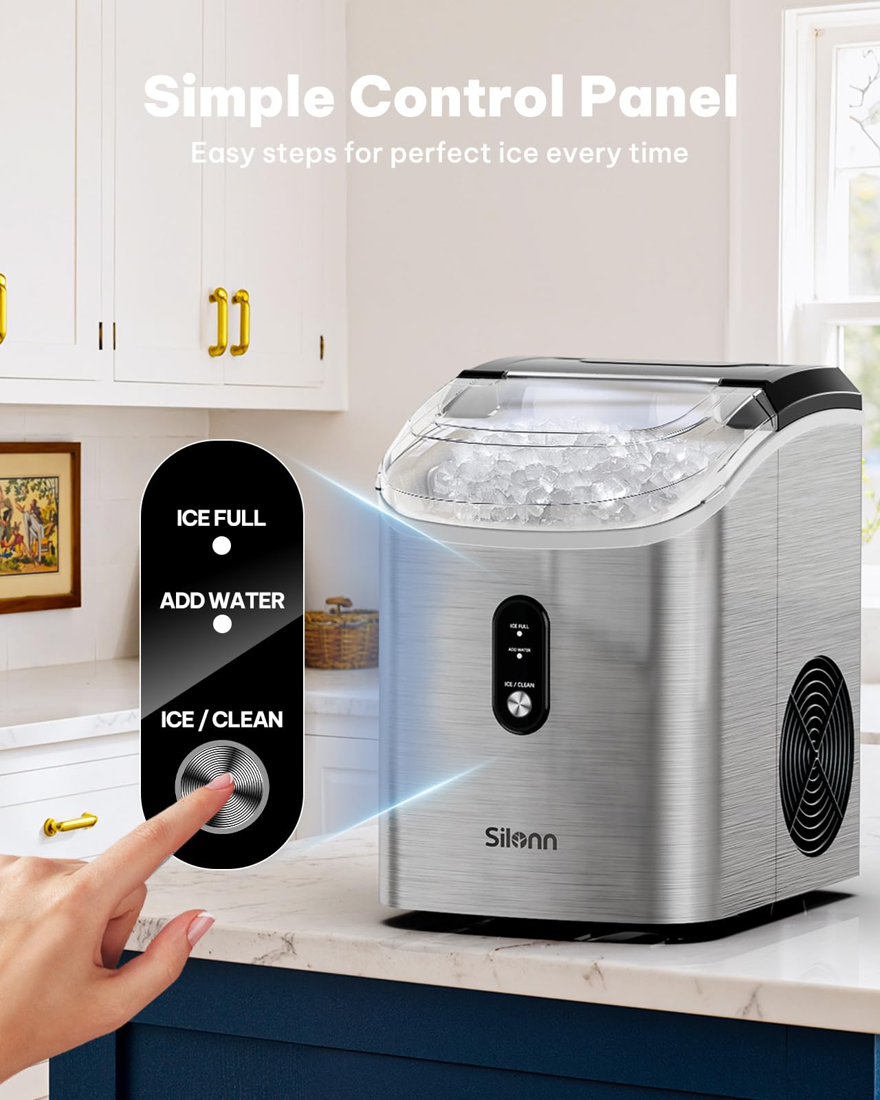 Nugget Ice Maker Countertop, Silonn Chewable Pellet Ice Machine with Self-Cleanin Function, 36lbs/24H Portable Ice Makers for Home Kitchen Officce, Black
