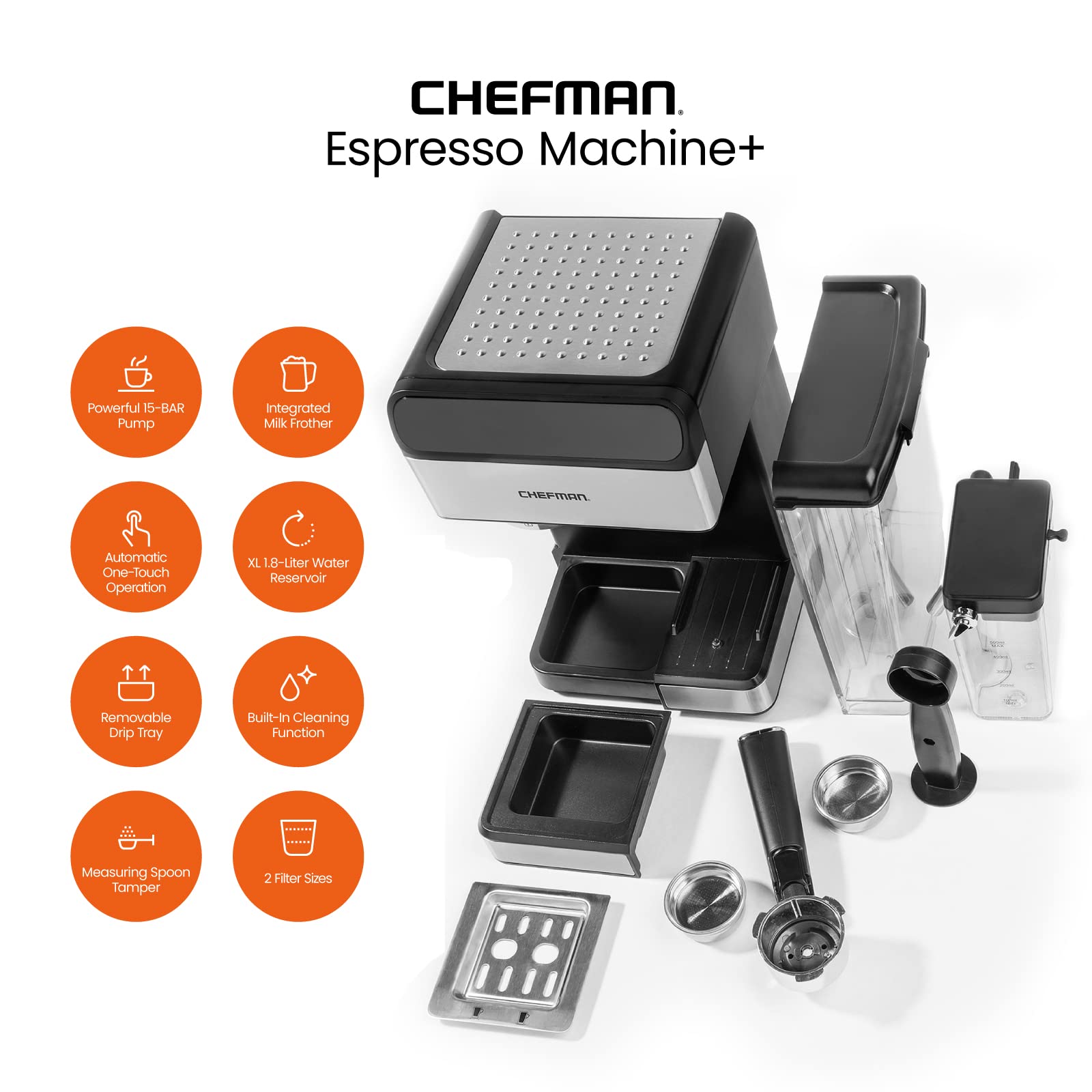 Chefman Crema Deluxe Espresso Machine with Double Boiler, Use Milk Frother and Brew Espresso Simultaneously, Professional Coffee Maker with Coffee Grinder and Steam Wand, 30 Grind Settings