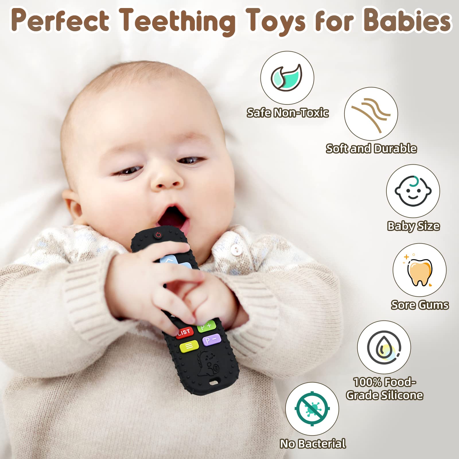 Zahnen Beißringe Spielzeug für Babys 3-6-12 Monate Geschenke, Fernbedienung Baby Zahnungshilfe für 7 8 9 Monate Kleinkind Autismus, Lebensmittelqualität Silikon Badespielzeug, Schwarz