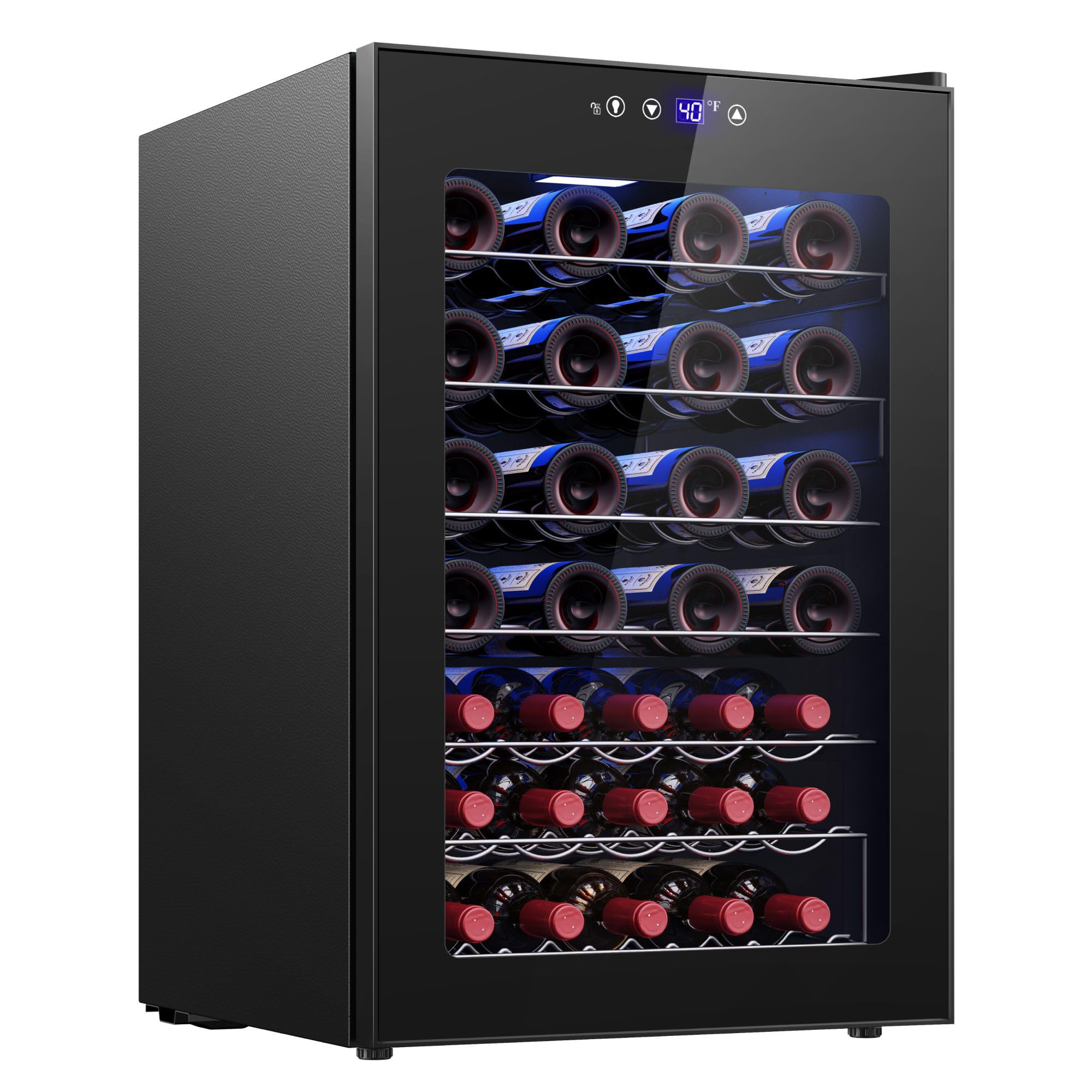 EUHOMY 25 bottle Wine Cooler Refrigerator, Freestanding Compressor Wine Fridge with Adjustable Temperature and Digital Control, Mini Fridge with Glass Door for Red White Wine, Beer, Black