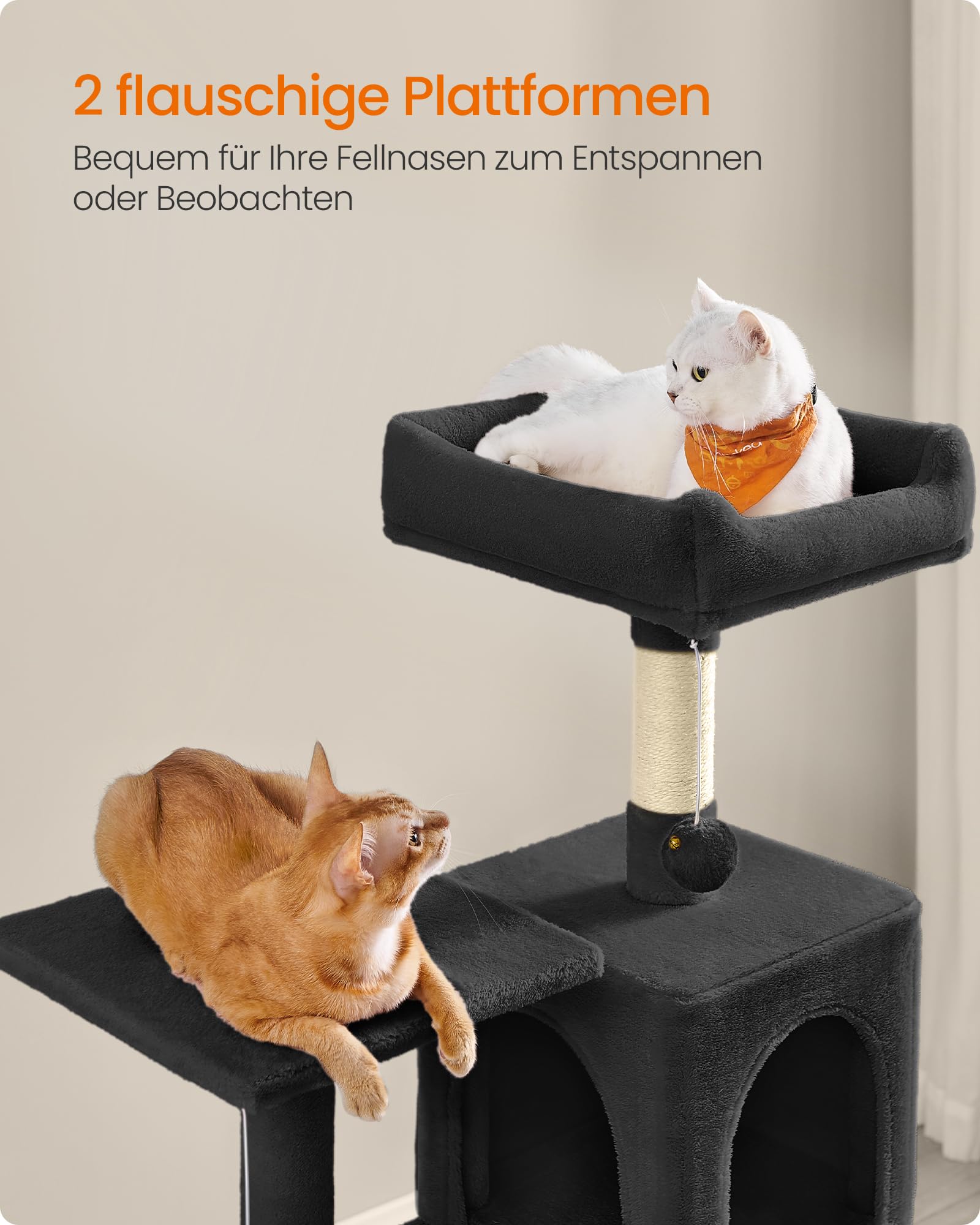 Feandrea Kratzbaum, 143 cm hoch, Katzenbaum, mehrstöckiges Katzenhaus, mit 4 Kratzsäulen, 2 Plattformen, Hängematte, Höhle, hellgrau PCT161W01
