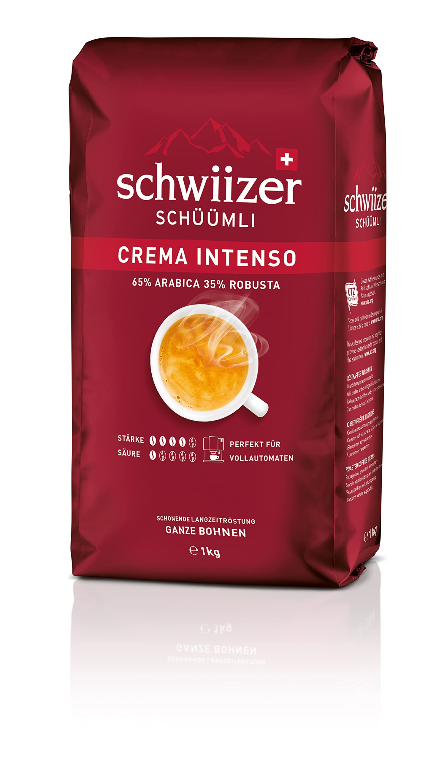 Schwiizer Schüümli Espresso, 100% Arabica Kaffeebohnen, kräftig-intensiv, ideal für Vollautomaten, Stärke 4/5, mittlere Röstung, Rainforest Alliance, 1kg