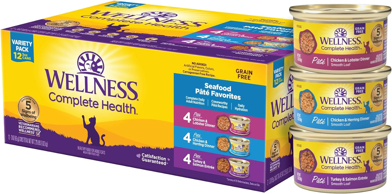 Wellness Complete Health Pate Adult Wet Cat Food, Natural, Protein-Rich, Grain-Free, 3 Ounce, 24 Pack, (Chicken & Turkey Variety Pack)