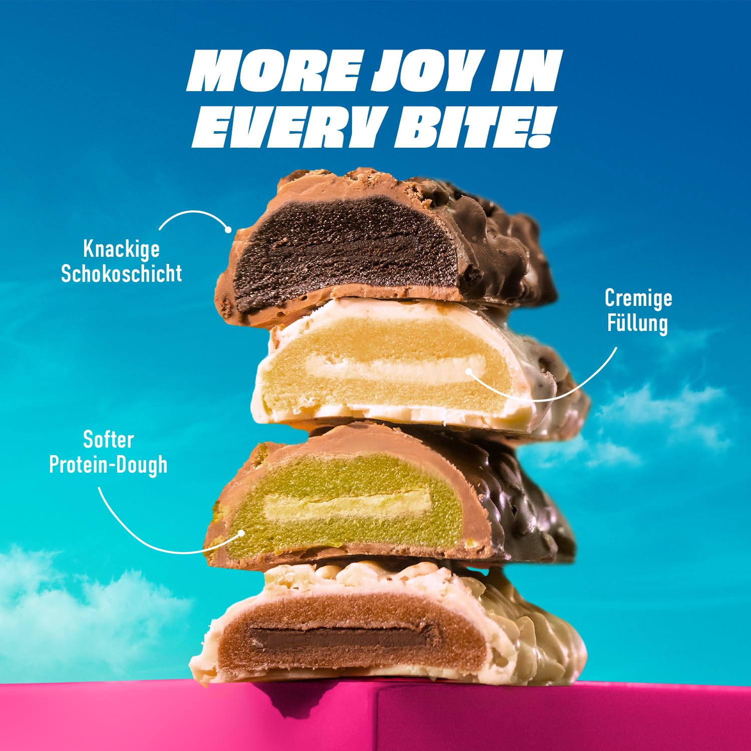 MORE Protein Satisbites, 12er Box Proteinriegel, 12 x 2 x 25 g, White Chocolate Strawberry Cream, bis zu 16 g Protein pro Portion, ohne Zuckerzusatz, made in Germany
