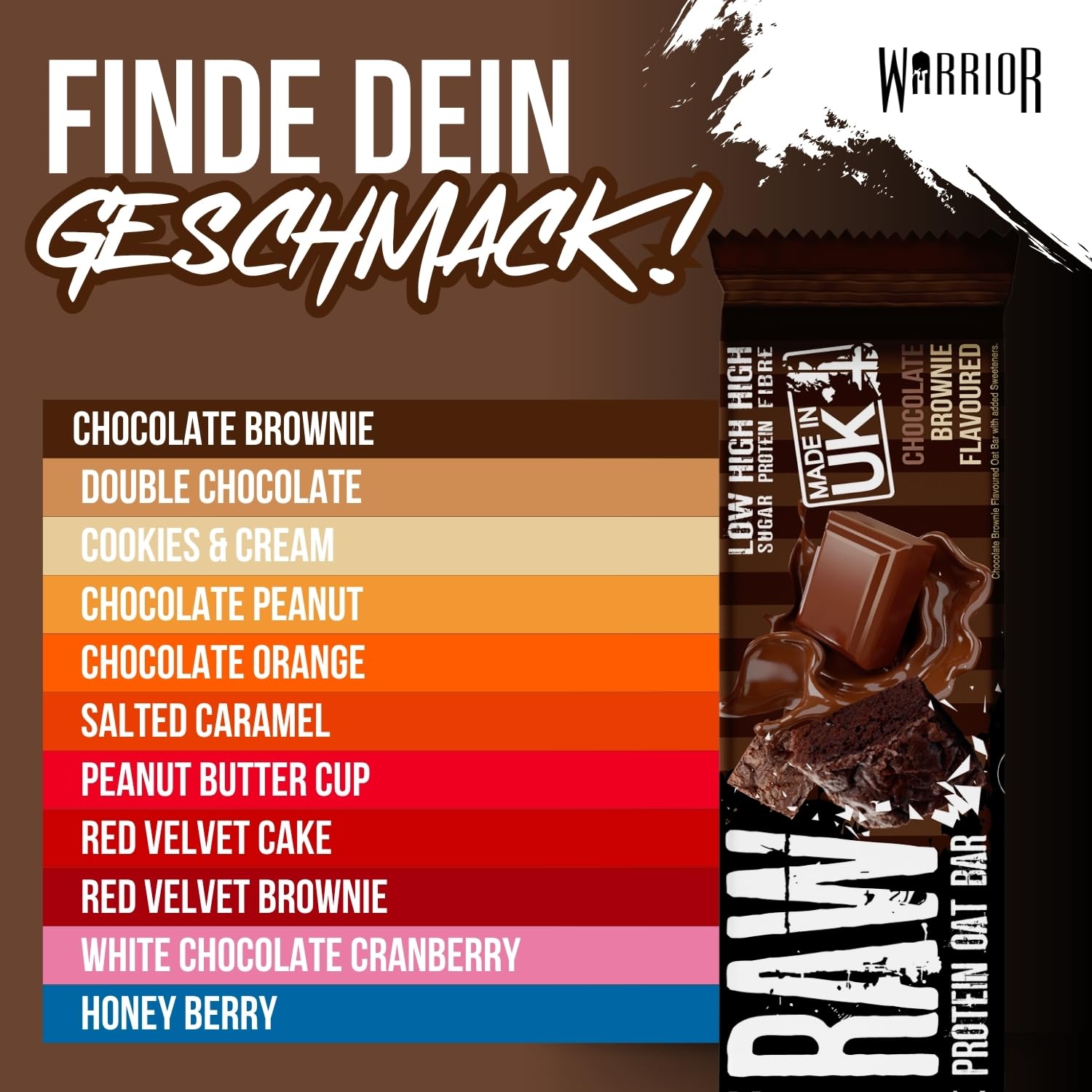 Warrior Raw Proteinriegel 12 x 75 g – Ballaststoffreicher Haferriegel mit Protein, High Protein Snack ohne Zucker, Natürlicher Haferflocken Riegel mit Präbiotika – Schoko-Brownie