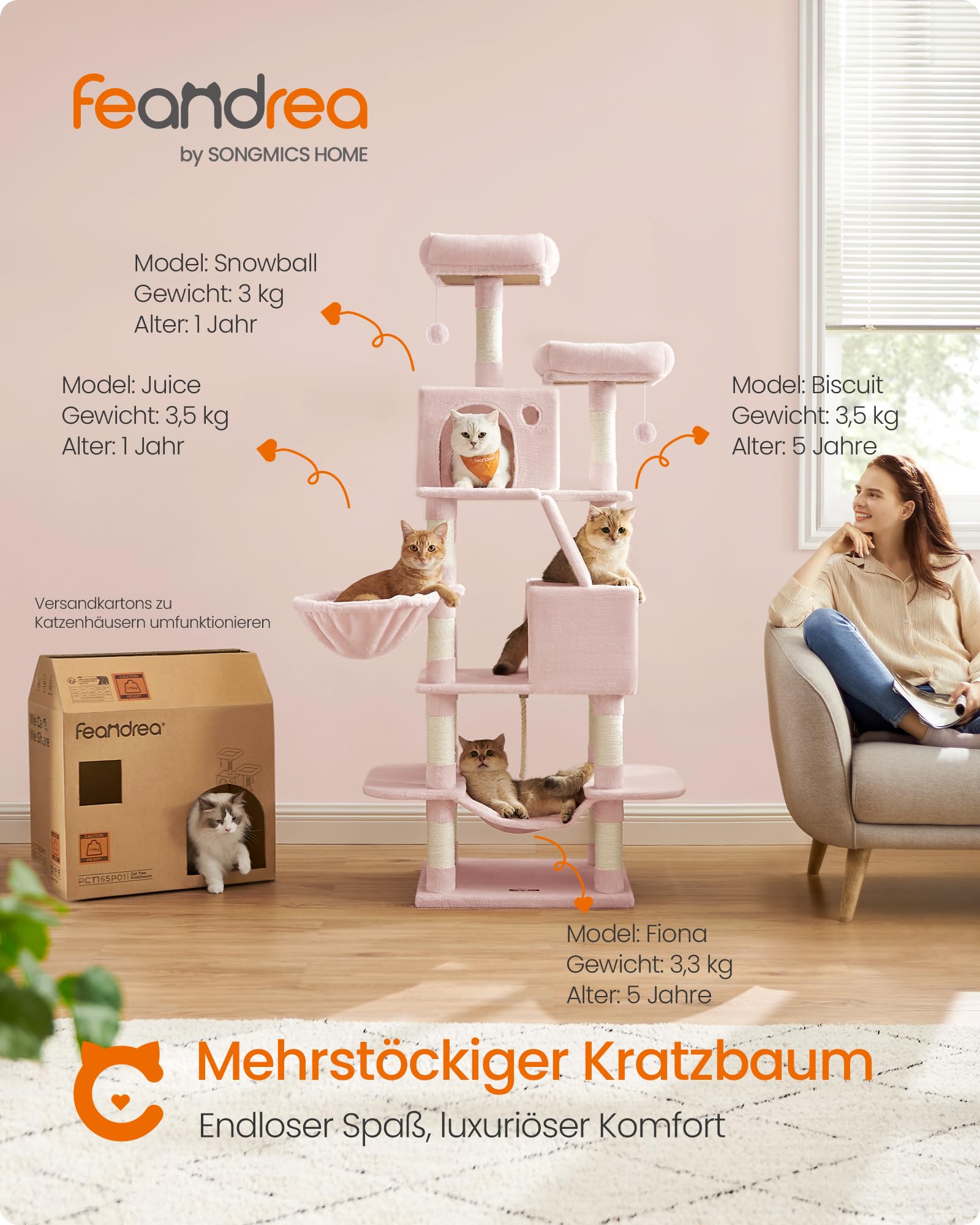 Feandrea Kratzbaum groß, 203,5 cm hoch, XXL Katzenbaum, mit 13 Kratzsäulen, 2 Plattformen, 2 Höhlen, Korb, Hängematte, Plüschbälle, mehrstöckiger Katzenkratzbaum, rauchgrau PCT190G01