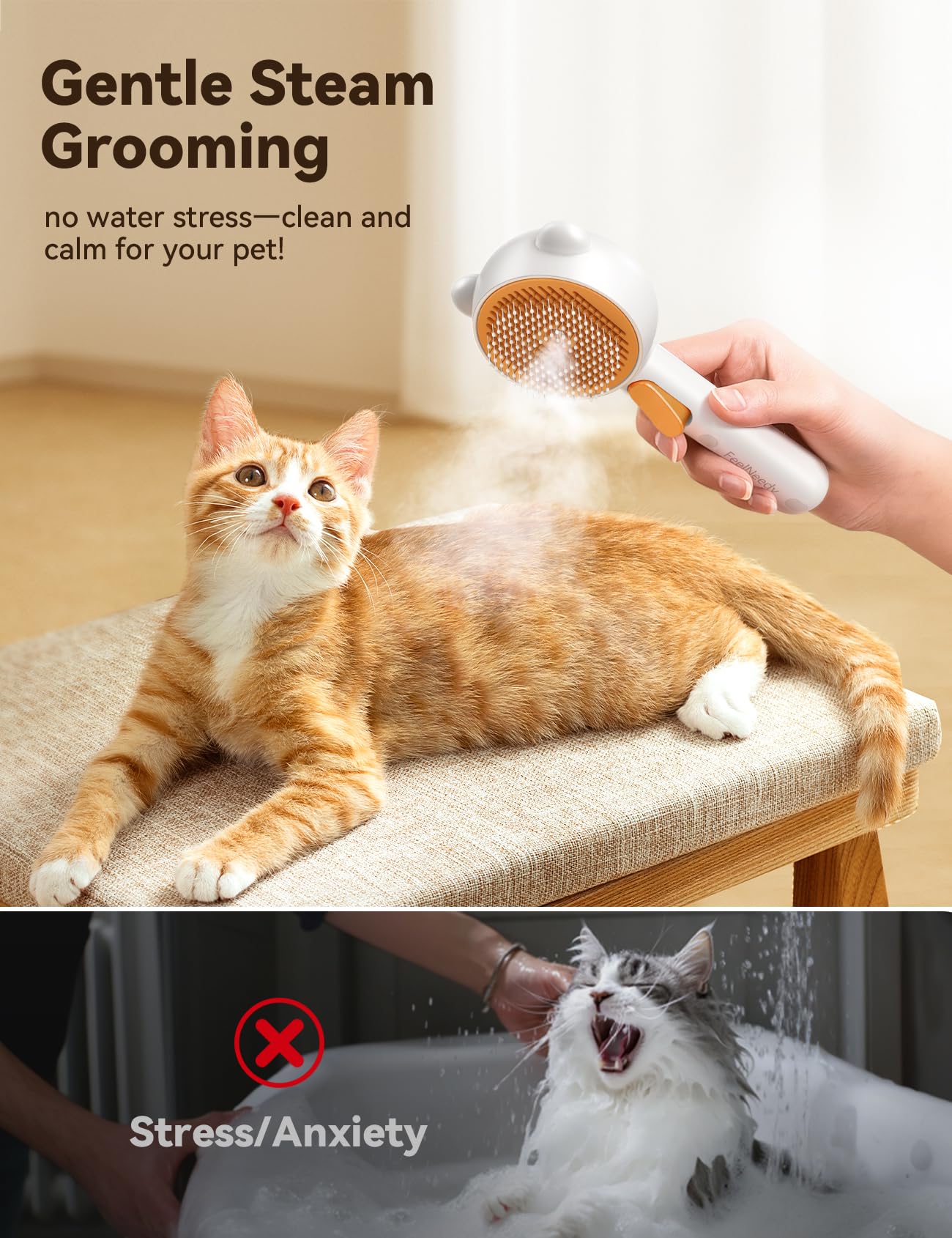FEELNEEDY Katzenbürste mit Dampf, Furminator Katze mit Auslöseknopf Wassertank, Dampfbürste Katze für Langhaar/Kurzhaar Hunde Katz, USB aufladbar, Zwei-Geschwindigkeits-Sprühfunktion