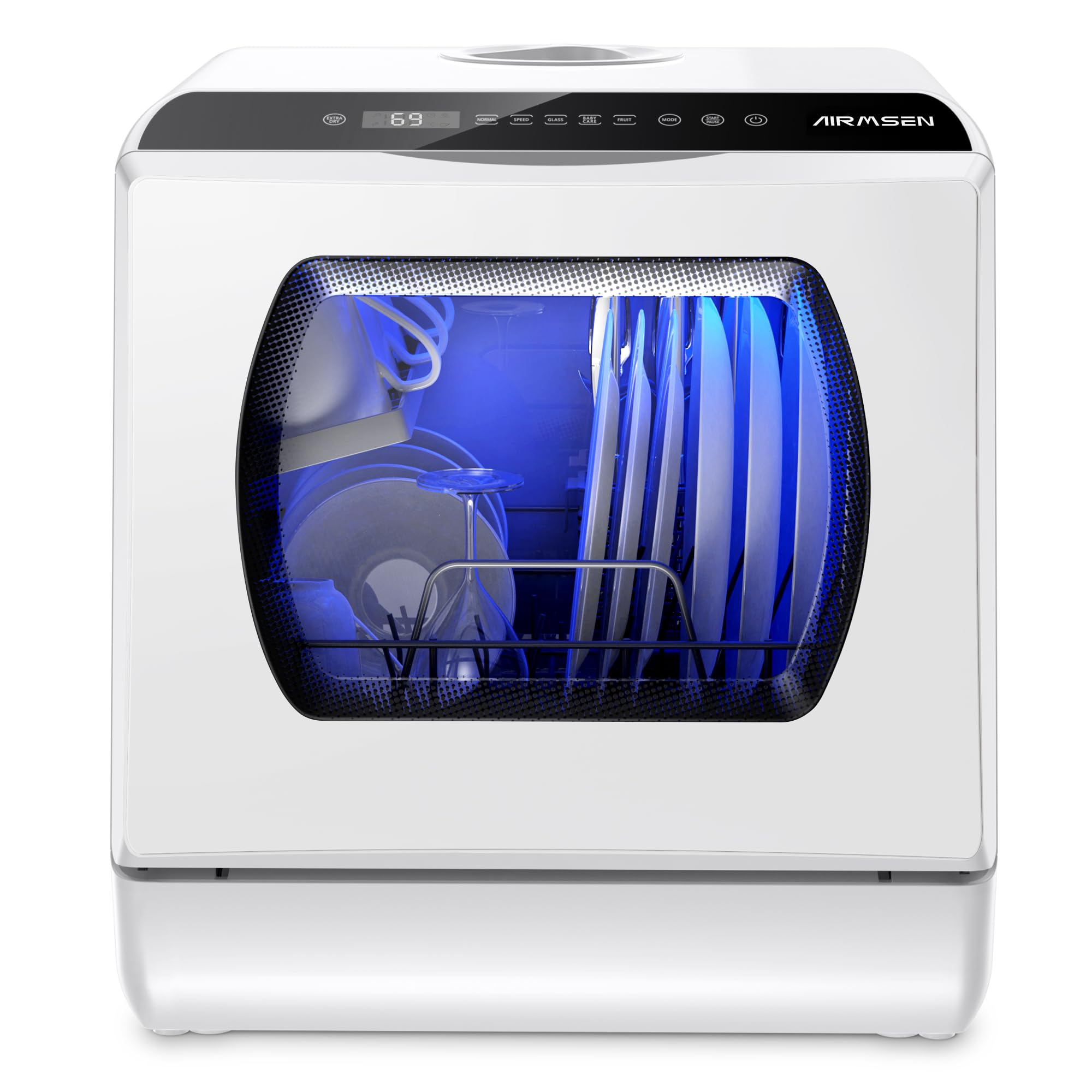 AIRMSEN Portable Countertop Dishwashers, 5 Washing Programs Mini Dishwashers with 1.2 Gal Built-in Water Tank and Double-layered Glass Door, No Hookup Needed for Home, Apartments & RVs