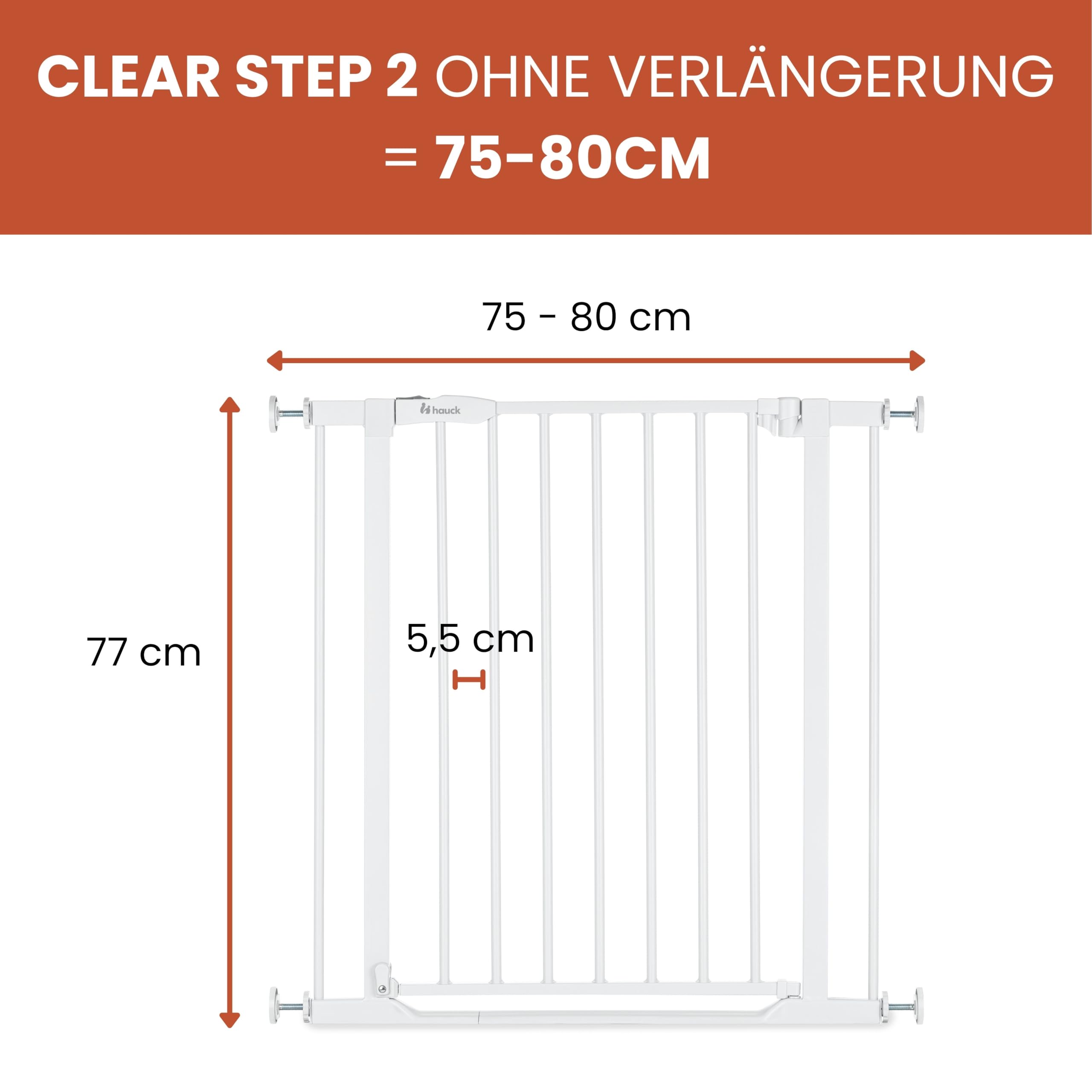 hauck Open N Stop 2 + 21 cm Verlängerung, Weiß - Kinderschutzgitter Hundegitter, Verstellbare Breite 96-101 cm, 77 cm Hoch, Beidseitige Einhand Öffnung, ohne Bohren, für Innen