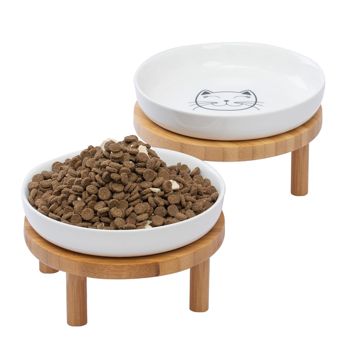 Lusifaco Keramik Katzennapf Erhöht, 15 cm Breite, Erhöhter Katzennapf aus Keramik mit Bambusständer, Schnurrhaarfreundliche Katzen Futternapf, Futterstation Katze, Fressnapf Kätzchen(2er-Set)