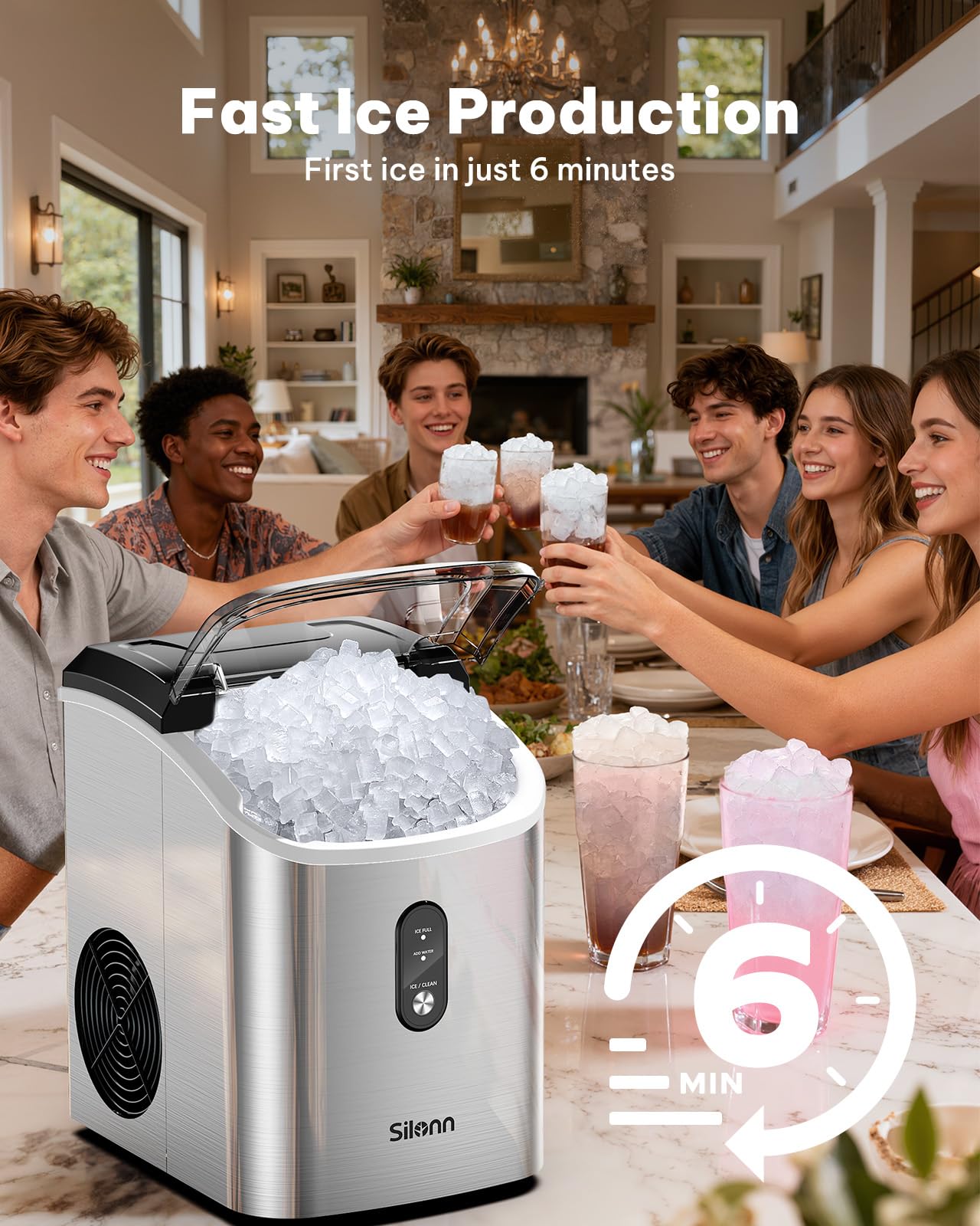 Nugget Ice Maker Countertop, Silonn Chewable Pellet Ice Machine with Self-Cleanin Function, 36lbs/24H Portable Ice Makers for Home Kitchen Officce, Black