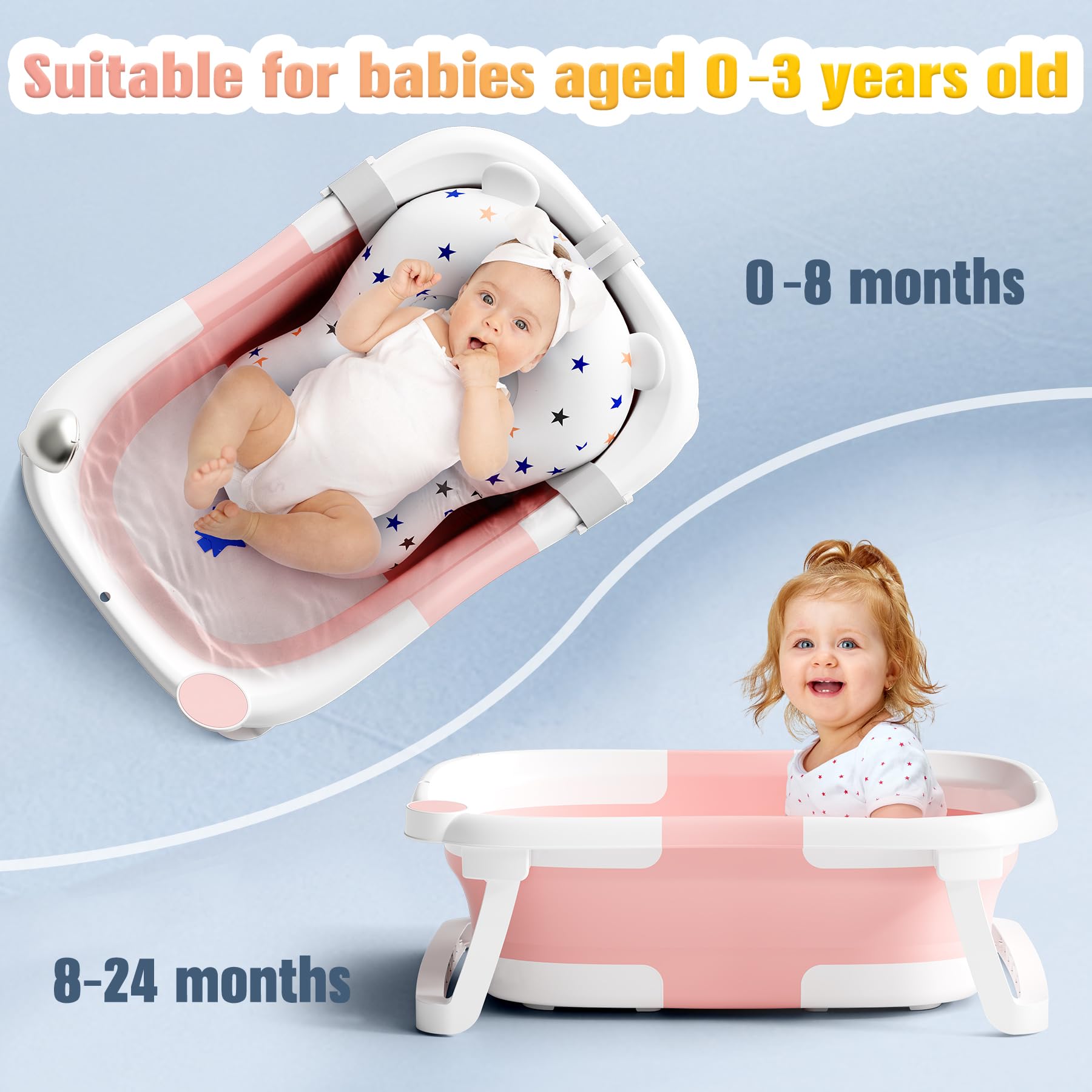 Baby Badewanne Faltbare, Baby Bathtub Babywanne Faltbar Babybadewanne Tragbare Wanne für Neugeborene Kleinkinder mit Rutschfester Matte und Abflussloch (Kein Thermometer) (Grau)