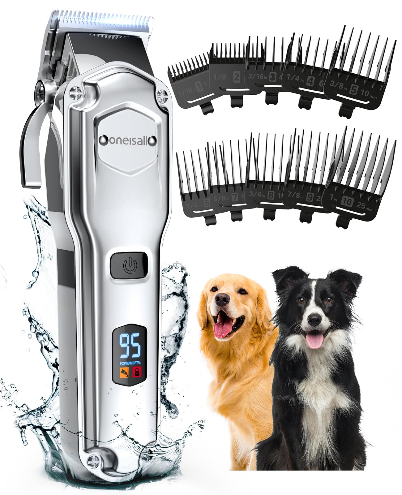 oneisall Hundeschermaschine für die Fellpflege für dickes, schweres Fell/geräuscharmer, wiederaufladbarer, kabelloser Haustierrasierer mit Edelstahlklinge/wasserdichter Hunderasierer für Hunde