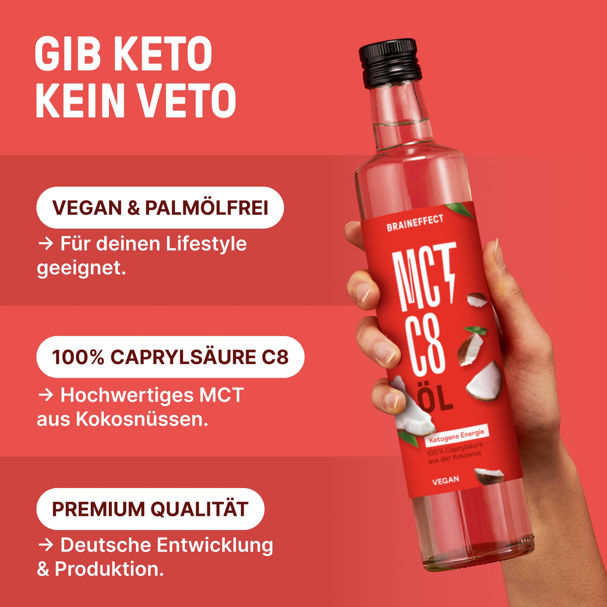 BRAINEFFECT MCT-Öl C8 – Reiner Extrakt aus Kokosöl, Bildet 3x mehr Ketone als andere MCT-Öle, Ideal für Low-Carb-, Paleo- und ketogene Ernährung & Bulletproof Coffee – 1 Liter