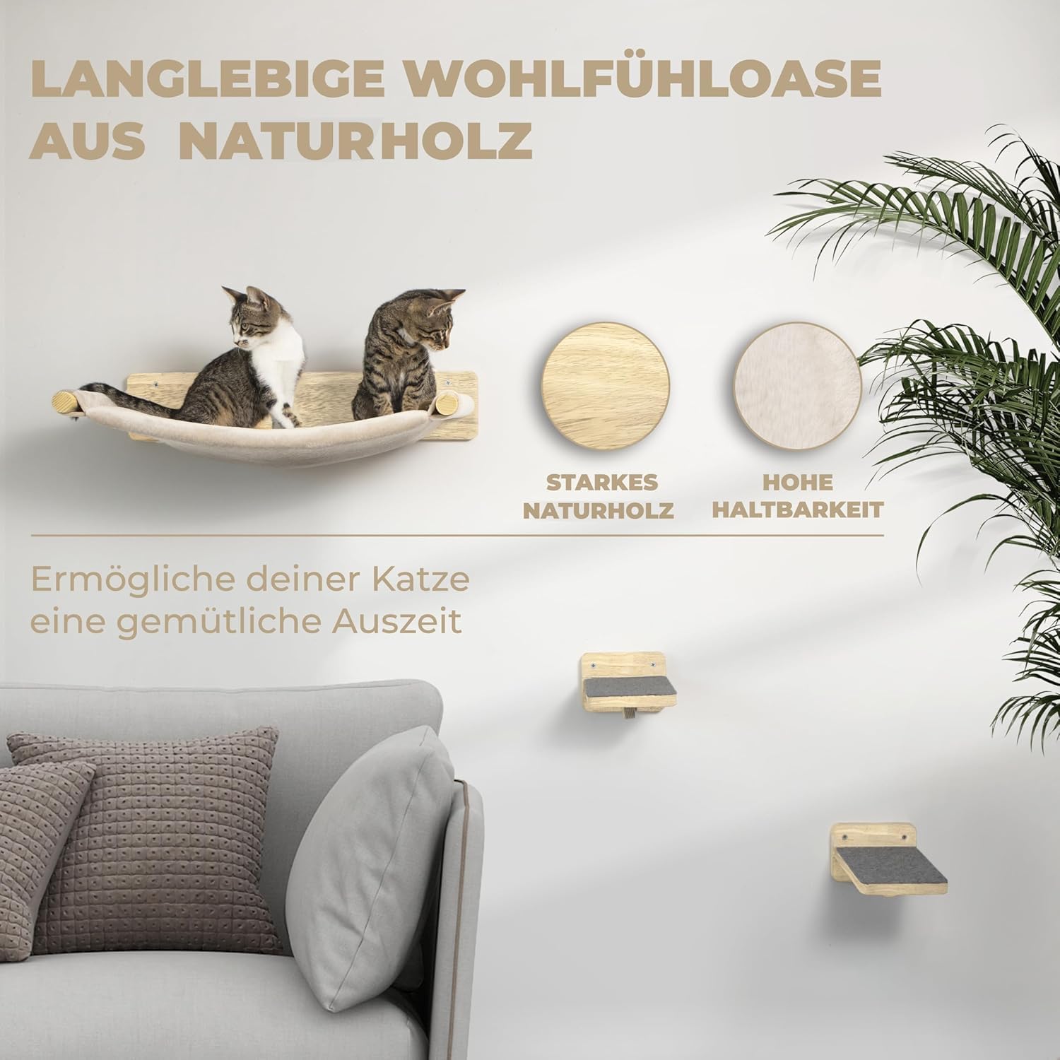 WOOWOOD® 2X Kletterwand Katzen - 3X Katzentreppe Wand- Kratzbaum Wand - Hängematte Katze - Wandkratzbaum - Katzenmöbel - Katzenwand - Katzen Kletterwand Set - Naturhell