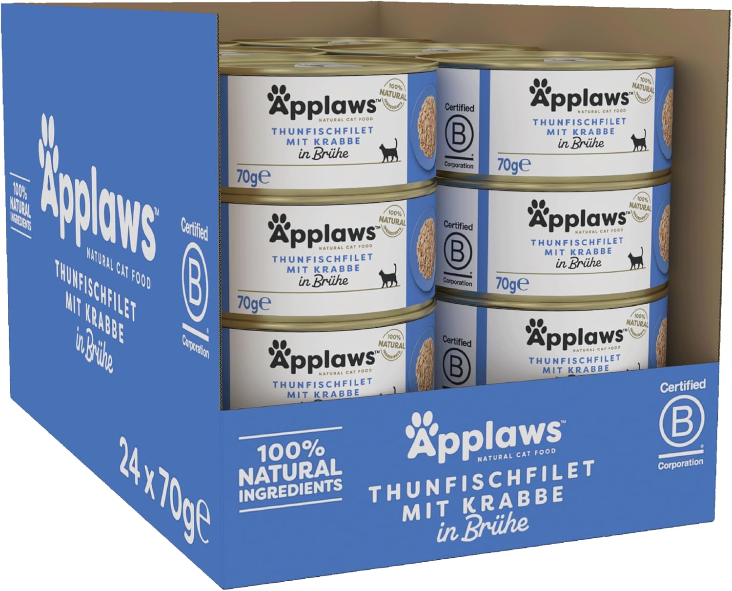 Applaws 100% Natural Thunfischfilet Nassfutter in Brühe für ausgewachsene Katzen - 24 x 70g Dosen