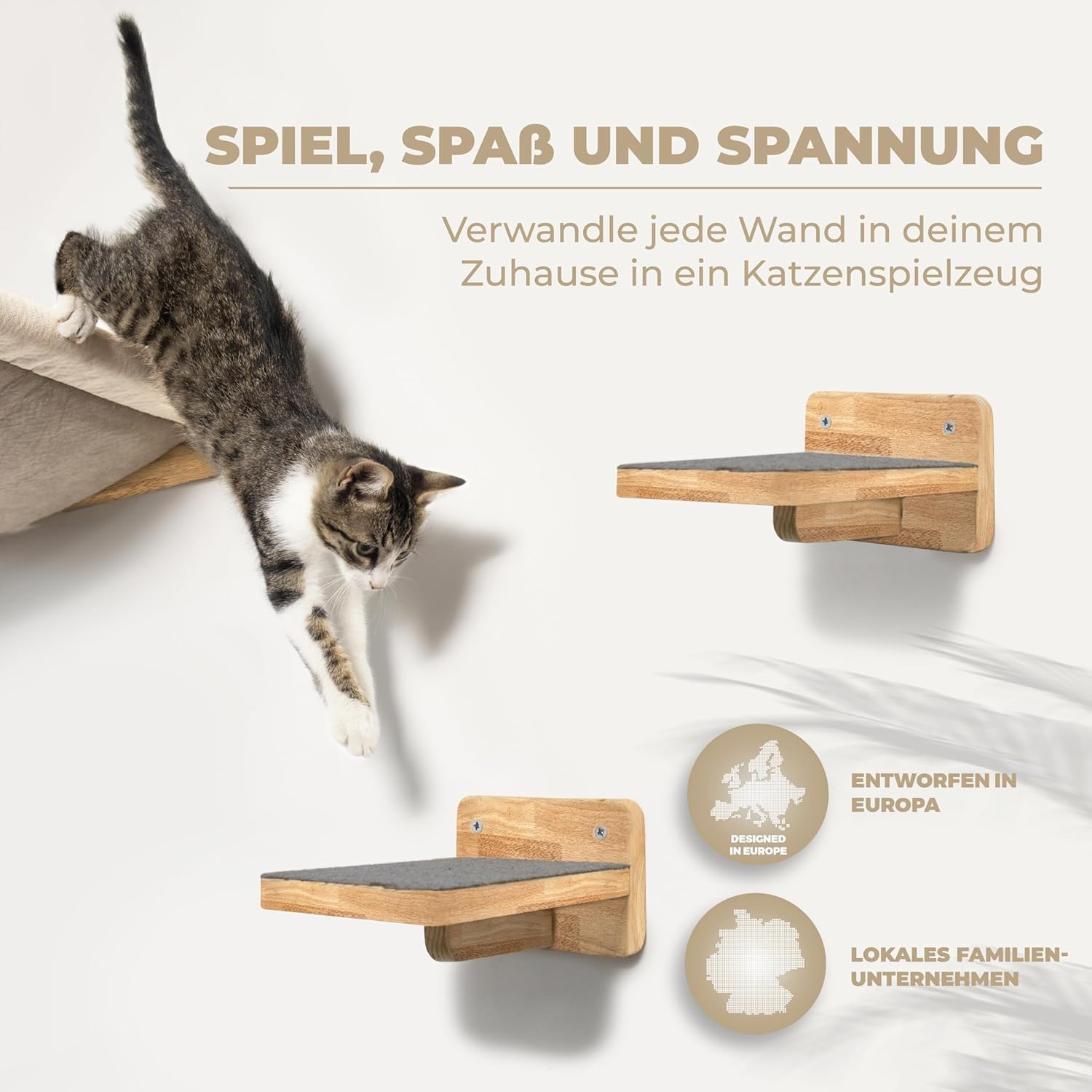 WOOWOOD® 2X Kletterwand Katzen - 3X Katzentreppe Wand- Kratzbaum Wand - Hängematte Katze - Wandkratzbaum - Katzenmöbel - Katzenwand - Katzen Kletterwand Set - Naturhell