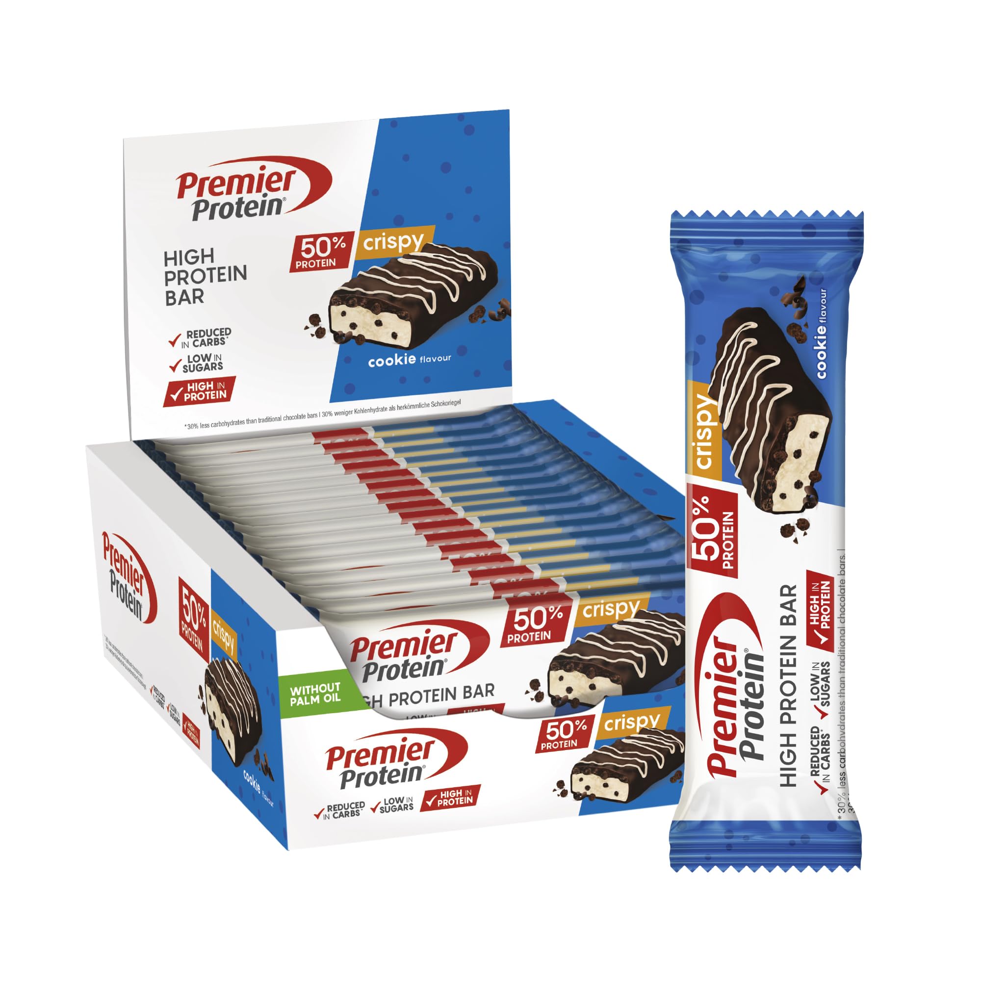 Premier Protein - High Protein Bar 50% - Double Chocolate Cookie - 16x40g - Zuckerarm - Kohlenhydratarm - palmölfrei