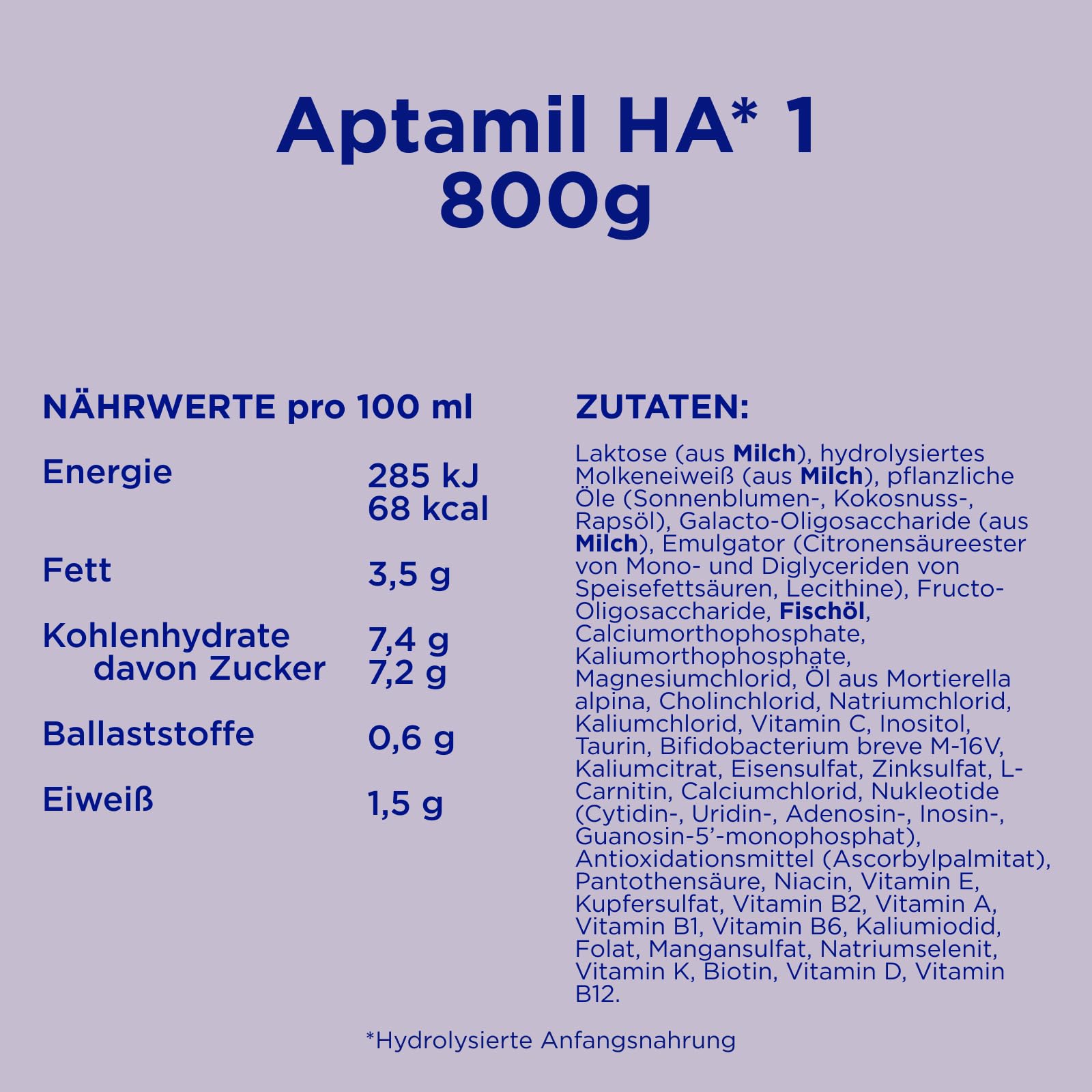 Aptamil HA PRE – Anfangsmilch von Geburt an, Mit DHA, Nur Laktose, Ohne Palmöl, Babynahrung, Milchpulver, 1 x 800 g
