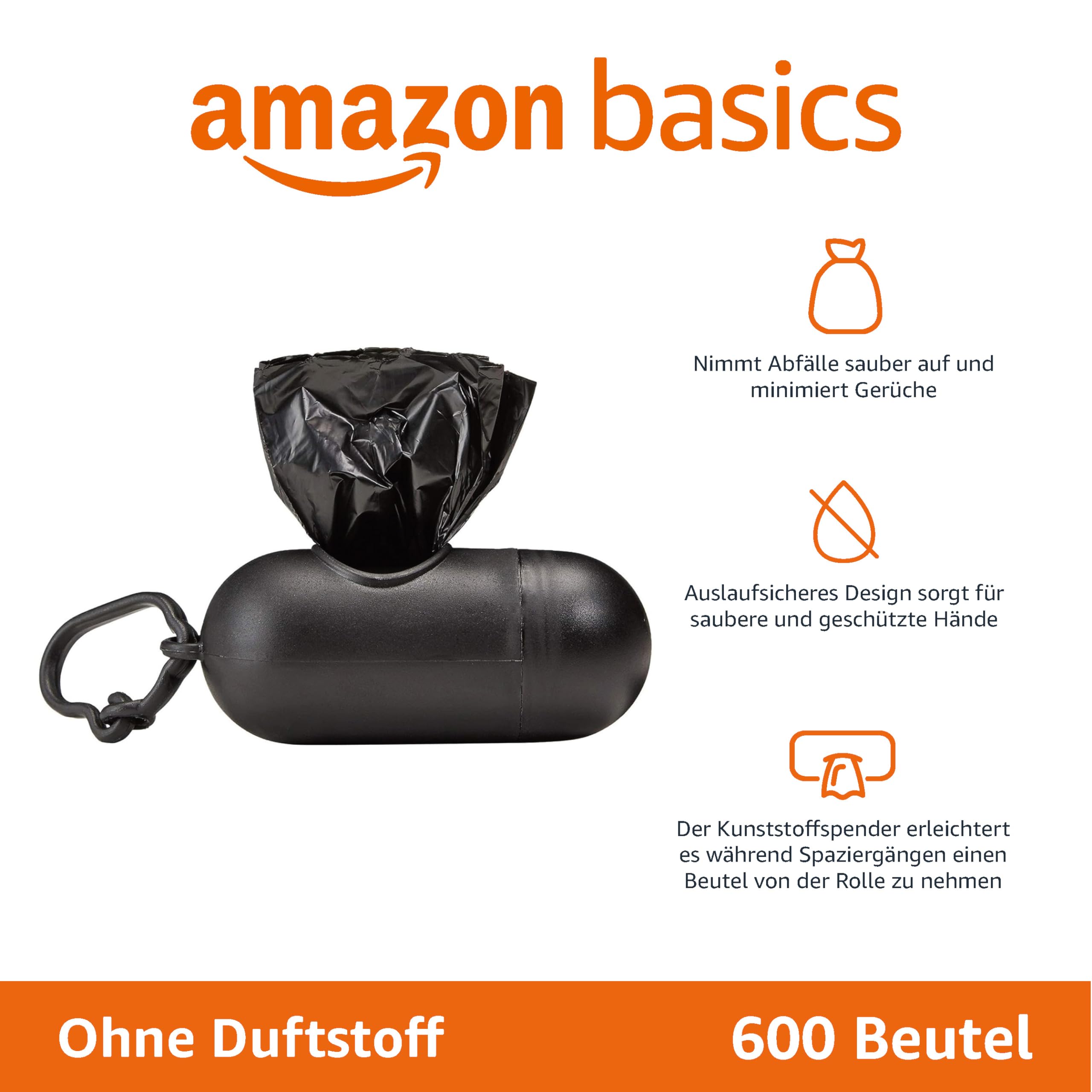 Amazon Basics Hundekotbeutel mit Spender und Leinenclip, Unparfümiert, 300 Beutel (20 Packungen mit je 15 Beuteln), Schwarz