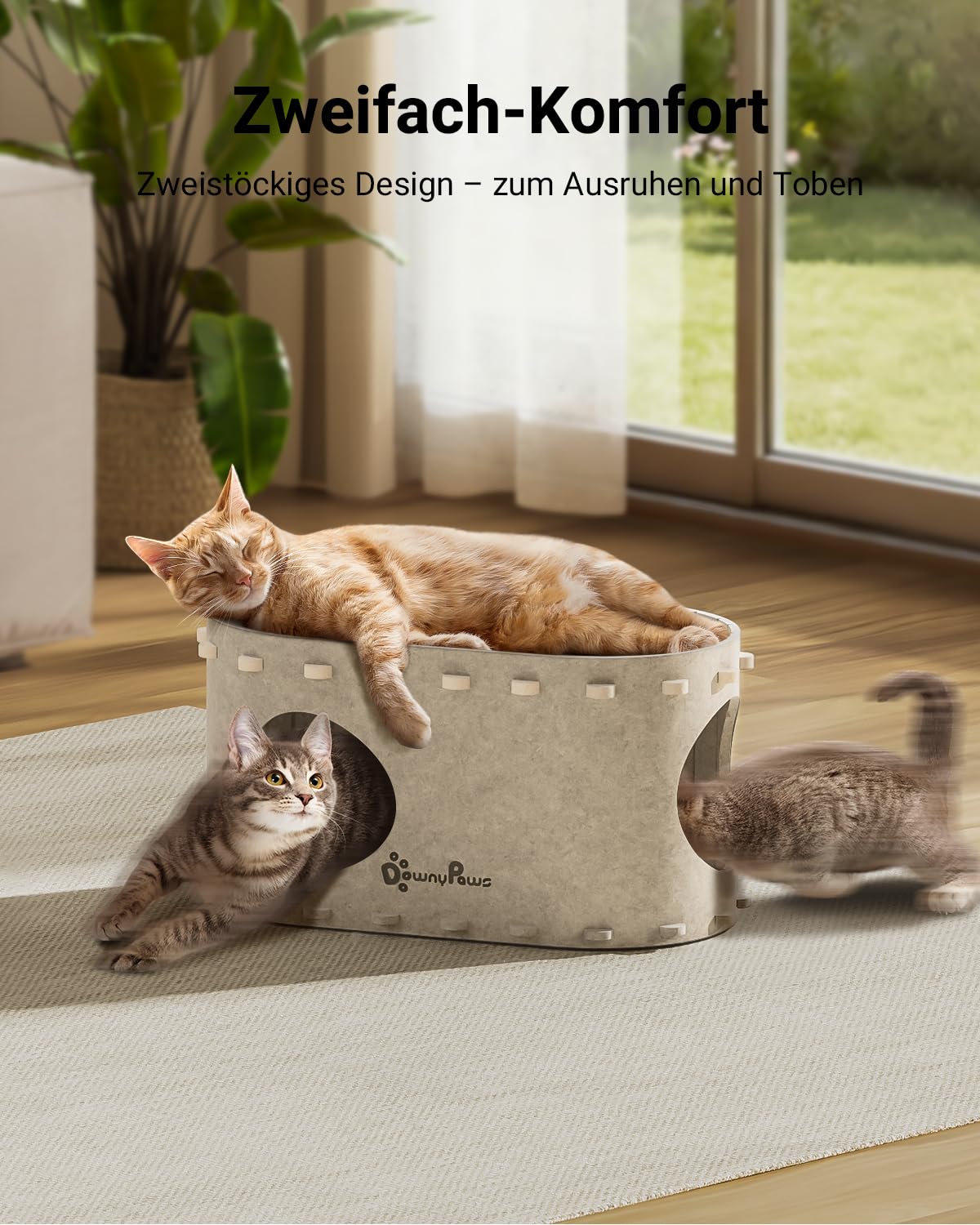 Katzenhöhle Filz, Katzenhaus aus Filz, Katzenbett, Katzenhöhle für Katzen, 58 x 33 x 30cm, Peek-a-Boo zum Spielen, Winterfest, Schutz der Katzennägel, Beige