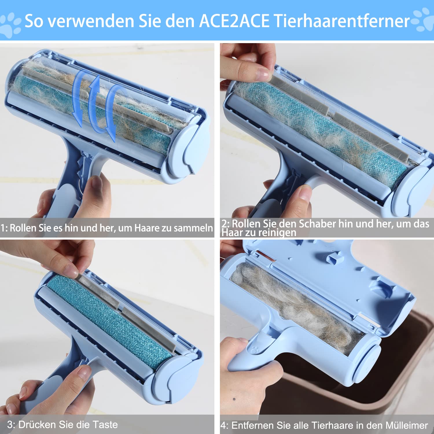 ACE2ACE Tierhaarentferner Fusselrolle, Fusselrolle für Hundehaare und Katzenhaare Wiederverwendbar, Fusselbürste für Tierhaar, für Sofa, Bett, Teppich, Kratzbaum, weiß
