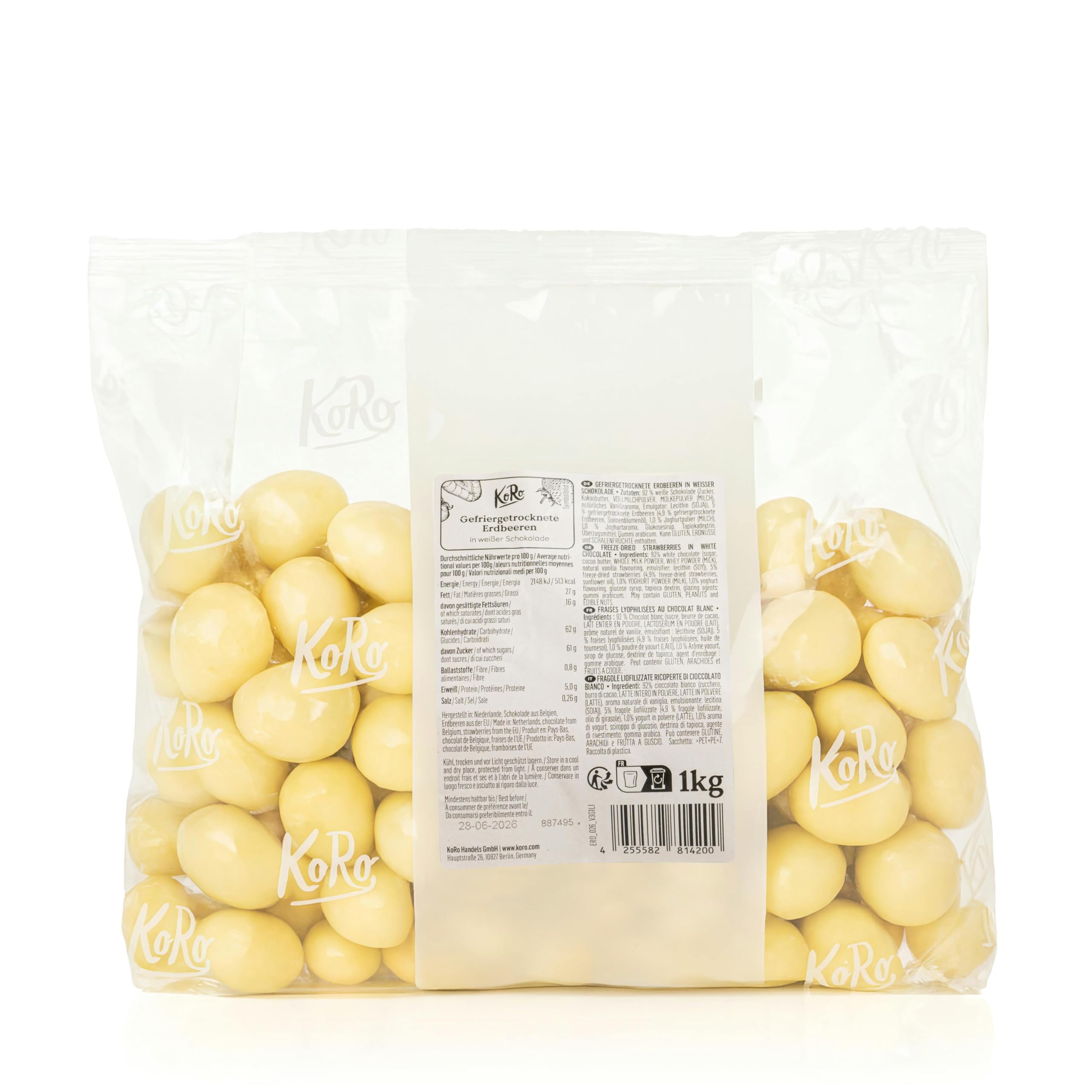 KoRo - Gefriergetrocknete Erdbeeren in Milchschokolade 1 kg - Knackig Fruchtig - Snack im Vorteilspack